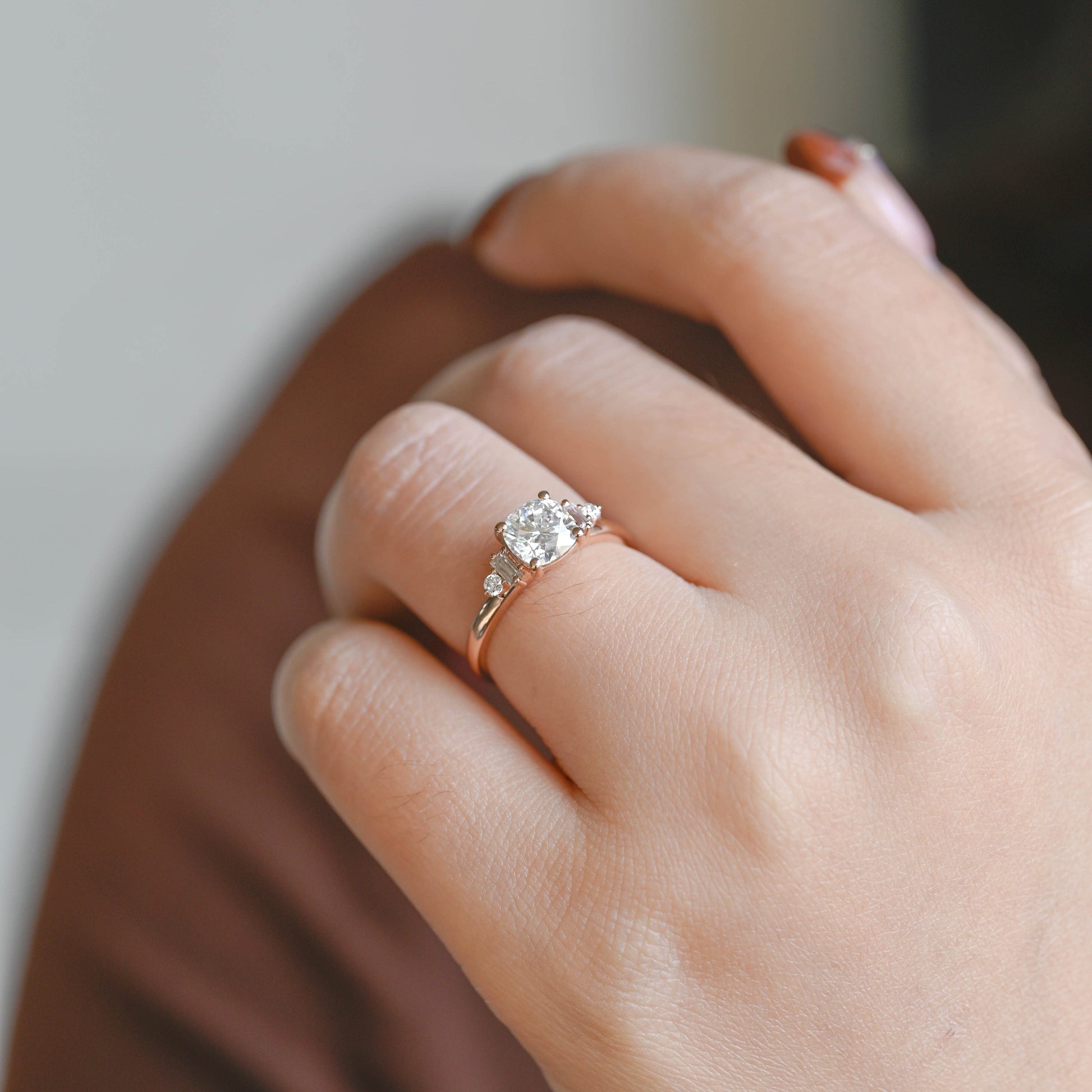 SquareJewelry cushion cut moissanite engagement ring Solid Gold Three Stone Cushion Cut Moissanite Engagement Ring with Tapered Accent Stone