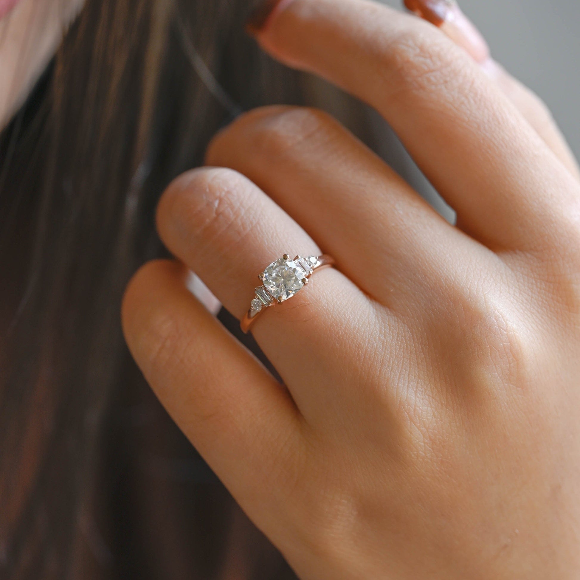 SquareJewelry cushion cut moissanite engagement ring Solid Gold Three Stone Cushion Cut Moissanite Engagement Ring with Tapered Accent Stone