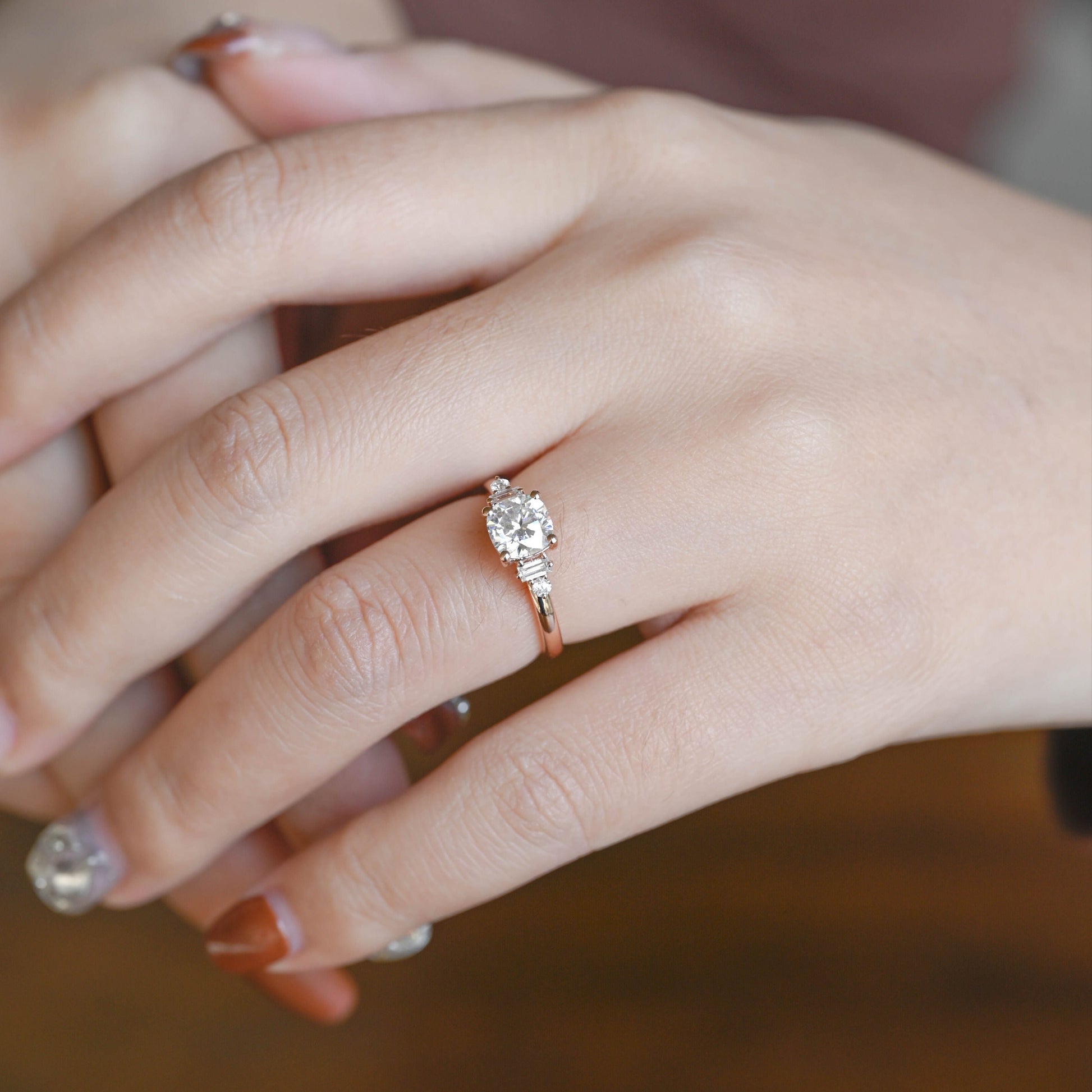 SquareJewelry cushion cut moissanite engagement ring Solid Gold Three Stone Cushion Cut Moissanite Engagement Ring with Tapered Accent Stone
