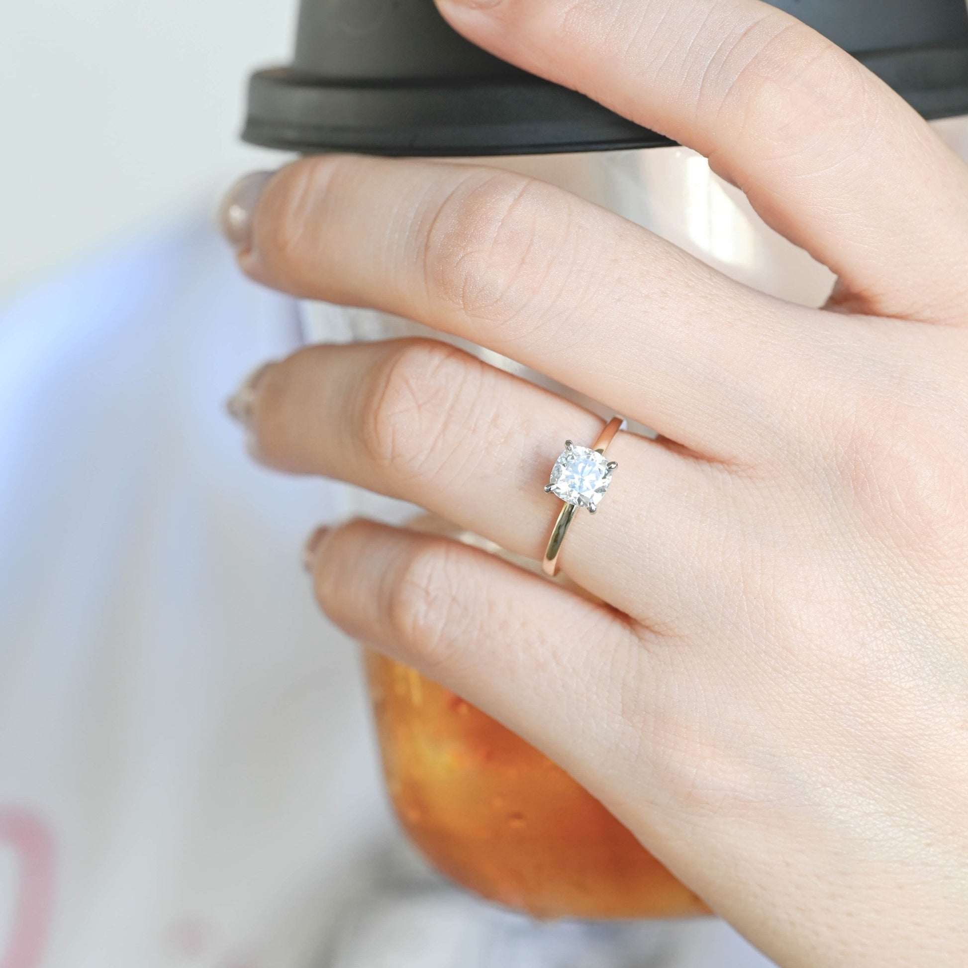 SquareJewelry cushion cut moissanite engagement ring Solid Gold Two Tone Cushion Cut Moissanite Engagement Ring