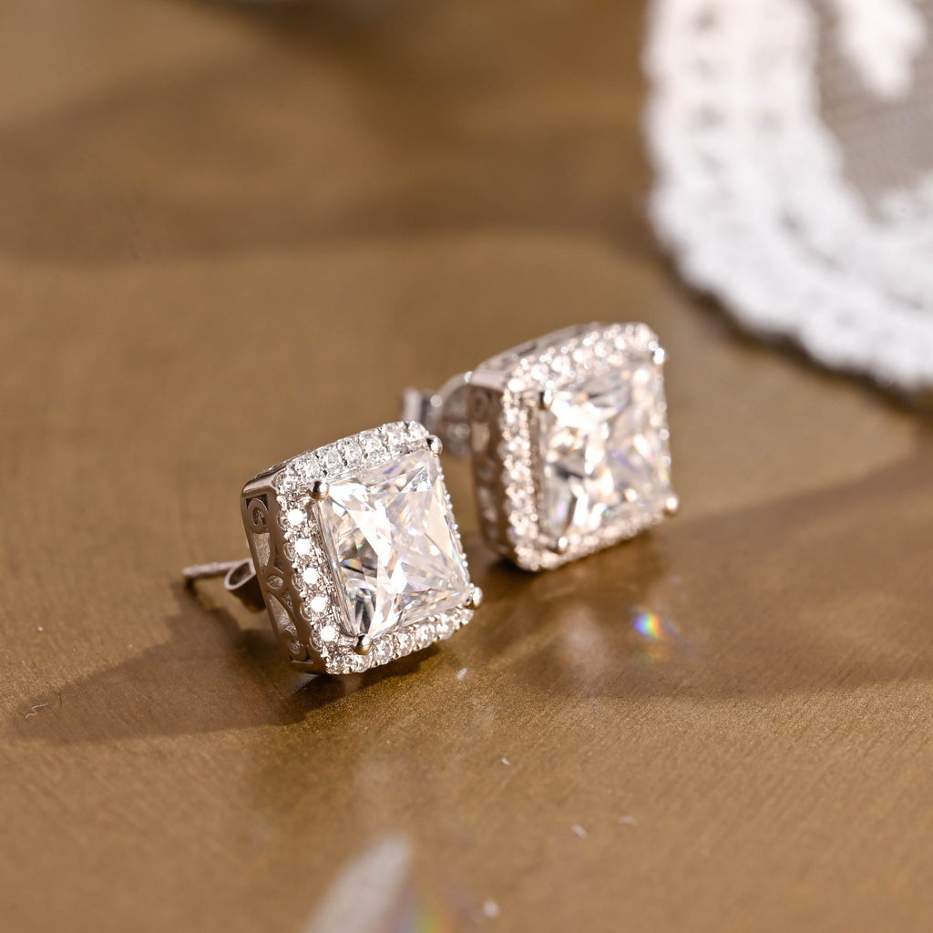 SquareJewelry earrings Solid Gold Filigree Style Earrings, Halo Princess Cut Moissanite Earrings Studs