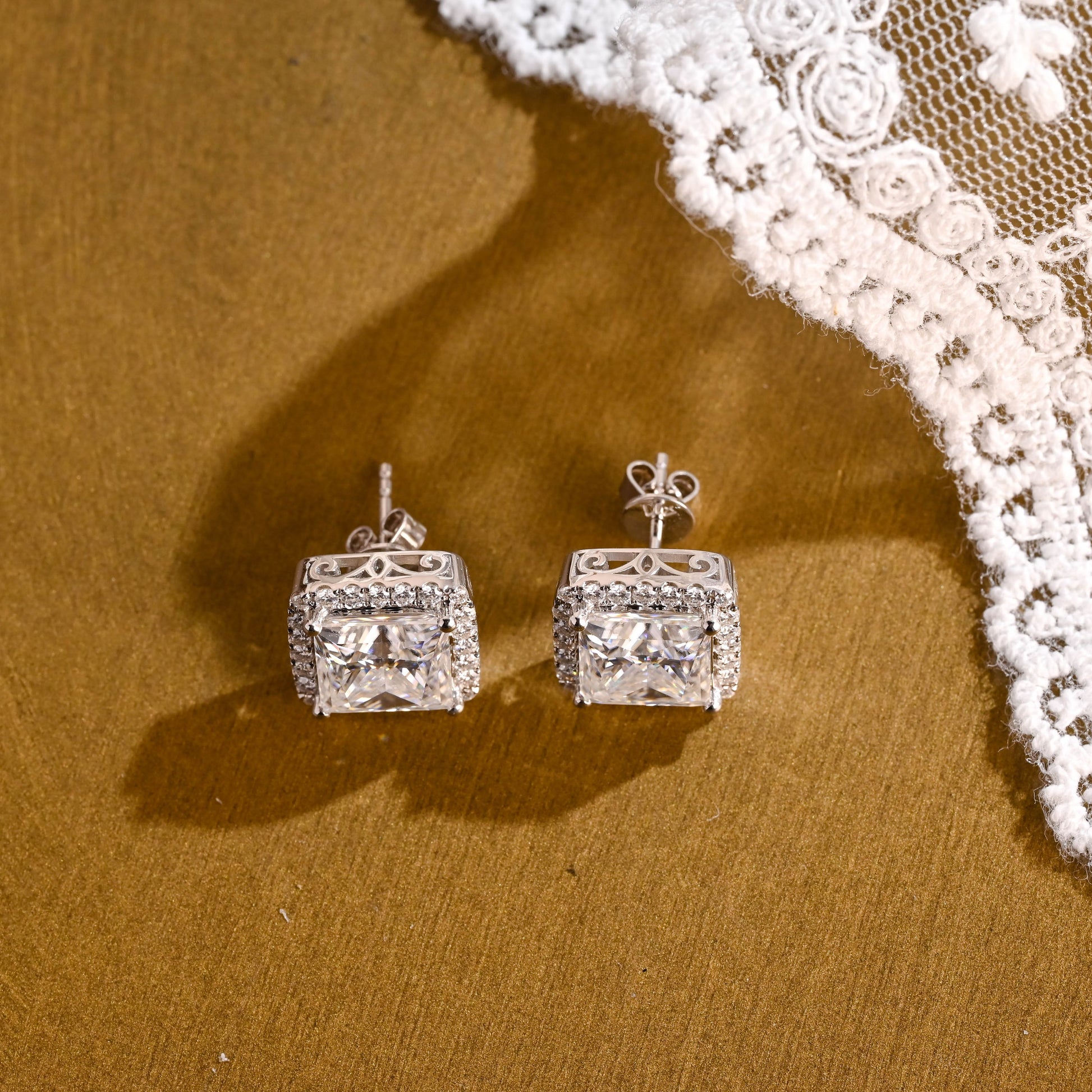 SquareJewelry earrings Solid Gold Filigree Style Earrings, Halo Princess Cut Moissanite Earrings Studs