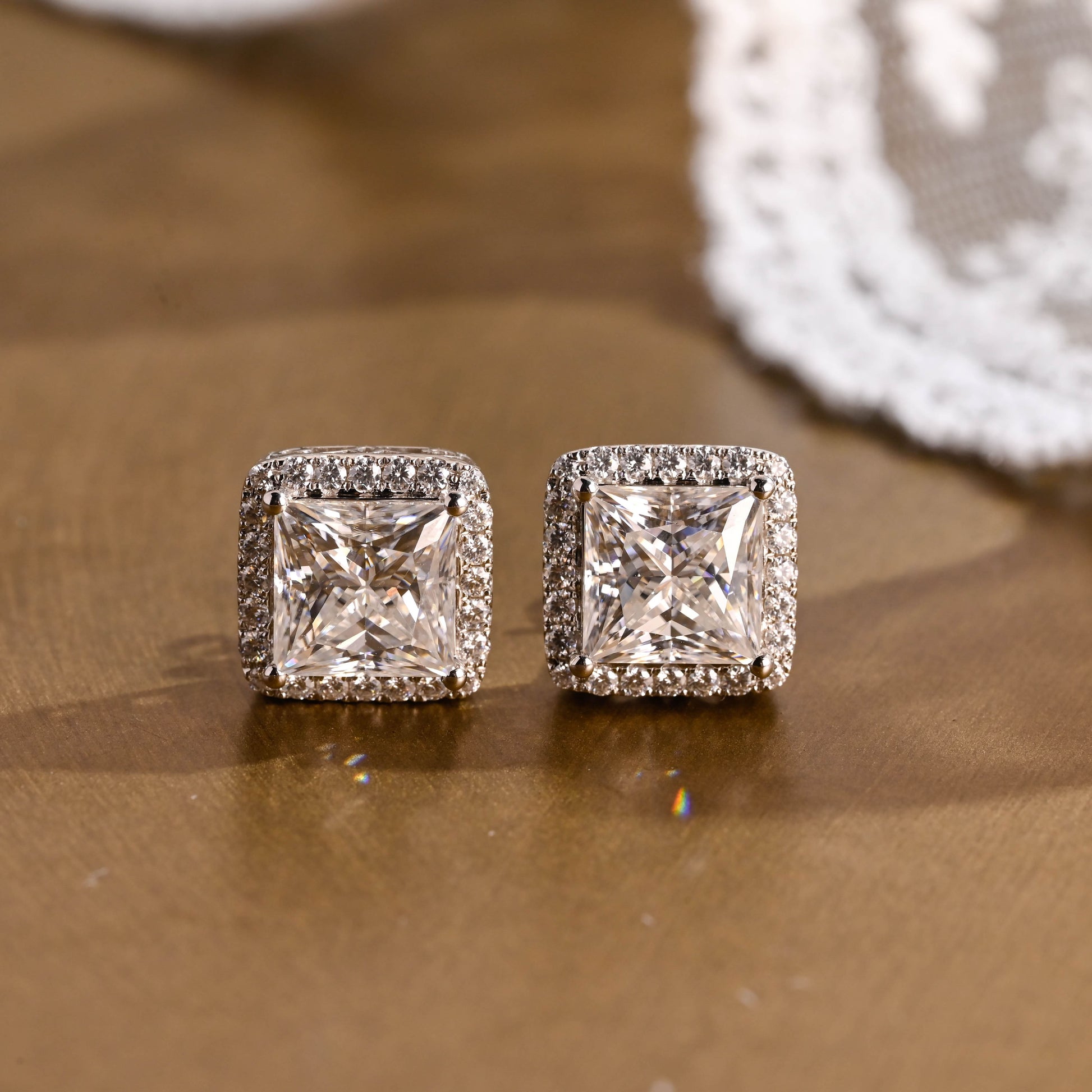 SquareJewelry earrings Solid Gold Filigree Style Earrings, Halo Princess Cut Moissanite Earrings Studs