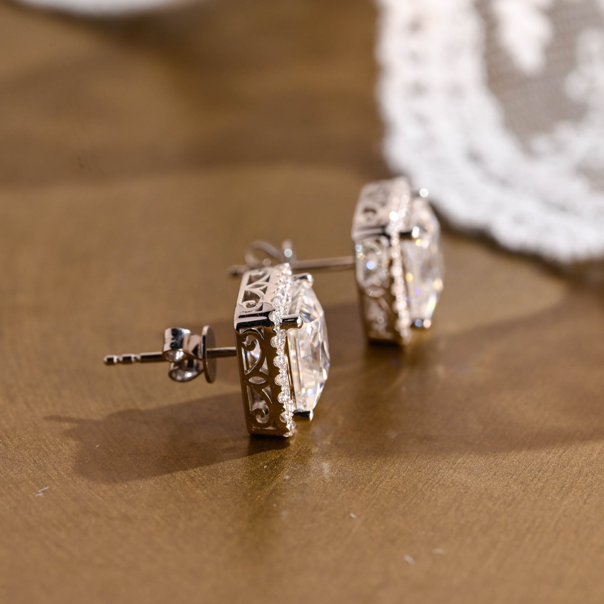 SquareJewelry earrings Solid Gold Filigree Style Earrings, Halo Princess Cut Moissanite Earrings Studs