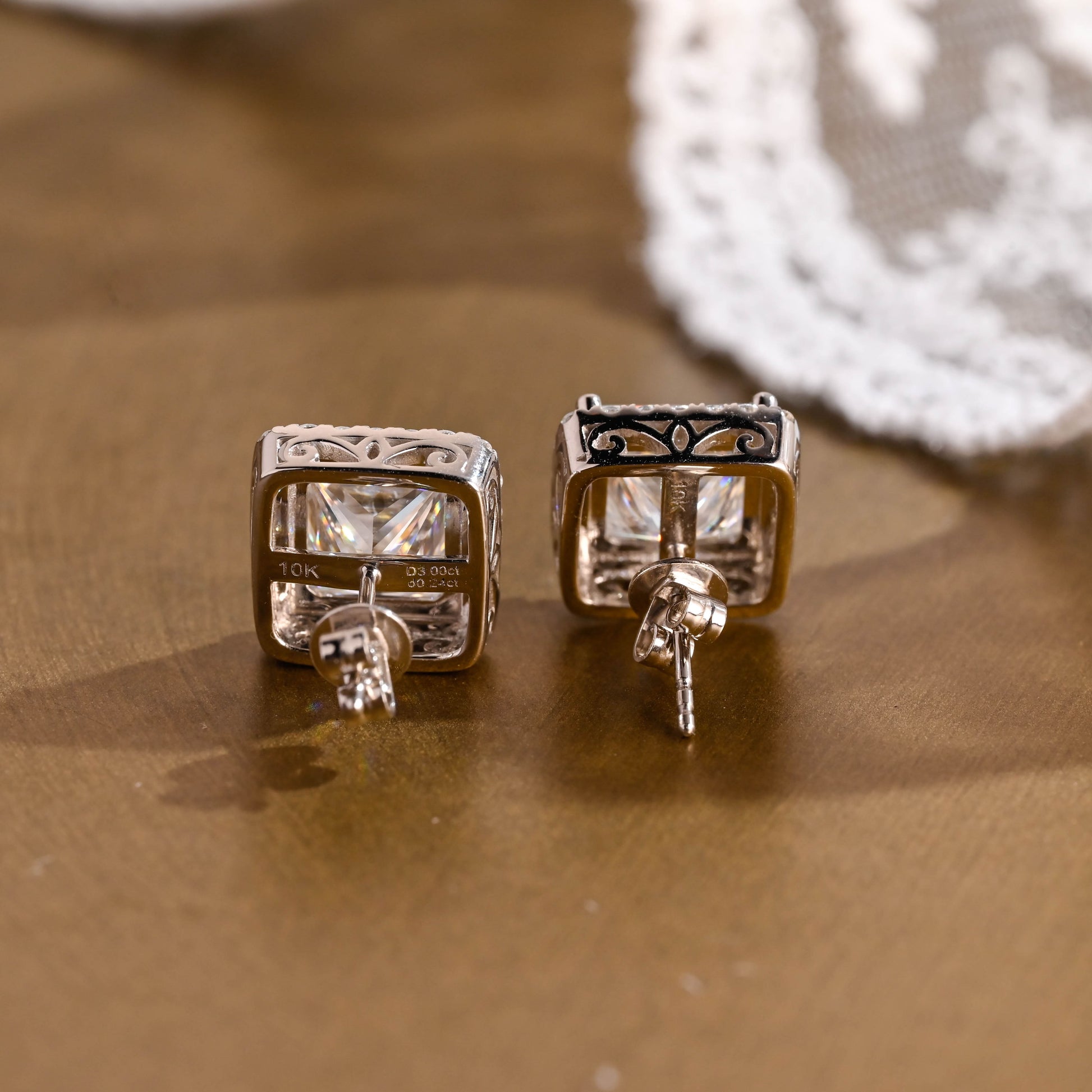 SquareJewelry earrings Solid Gold Filigree Style Earrings, Halo Princess Cut Moissanite Earrings Studs