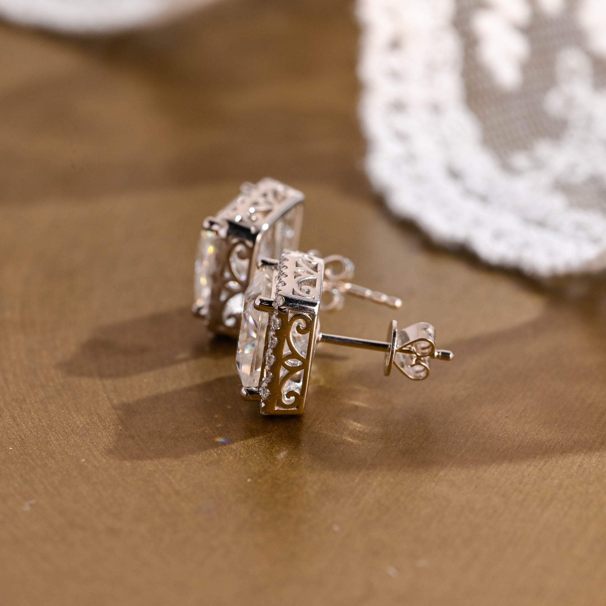 SquareJewelry earrings Solid Gold Filigree Style Earrings, Halo Princess Cut Moissanite Earrings Studs
