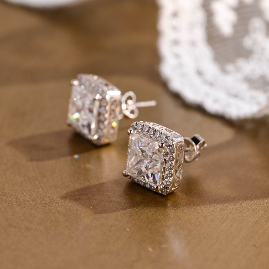 SquareJewelry earrings Solid Gold Filigree Style Earrings, Halo Princess Cut Moissanite Earrings Studs