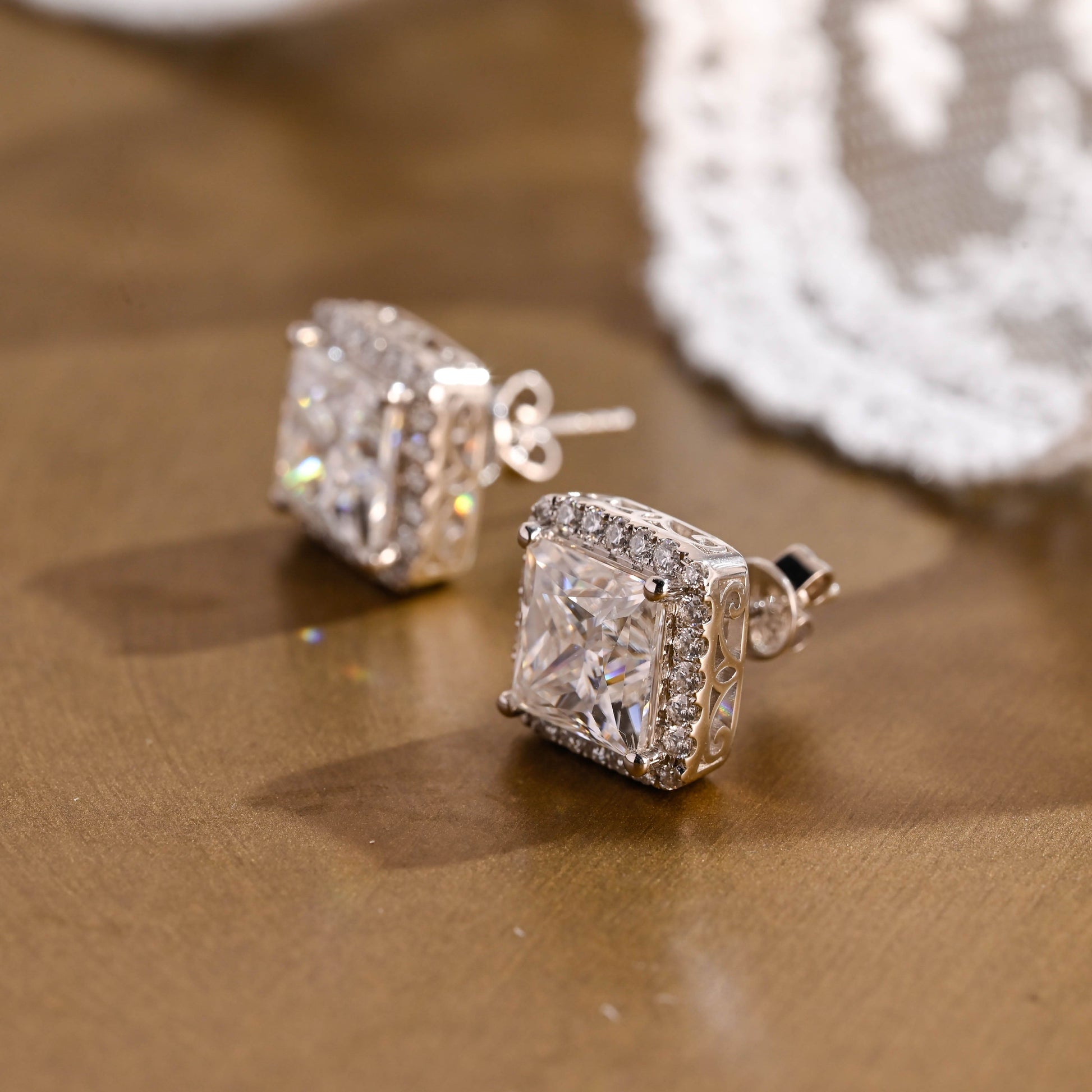 SquareJewelry earrings Solid Gold Filigree Style Earrings, Halo Princess Cut Moissanite Earrings Studs