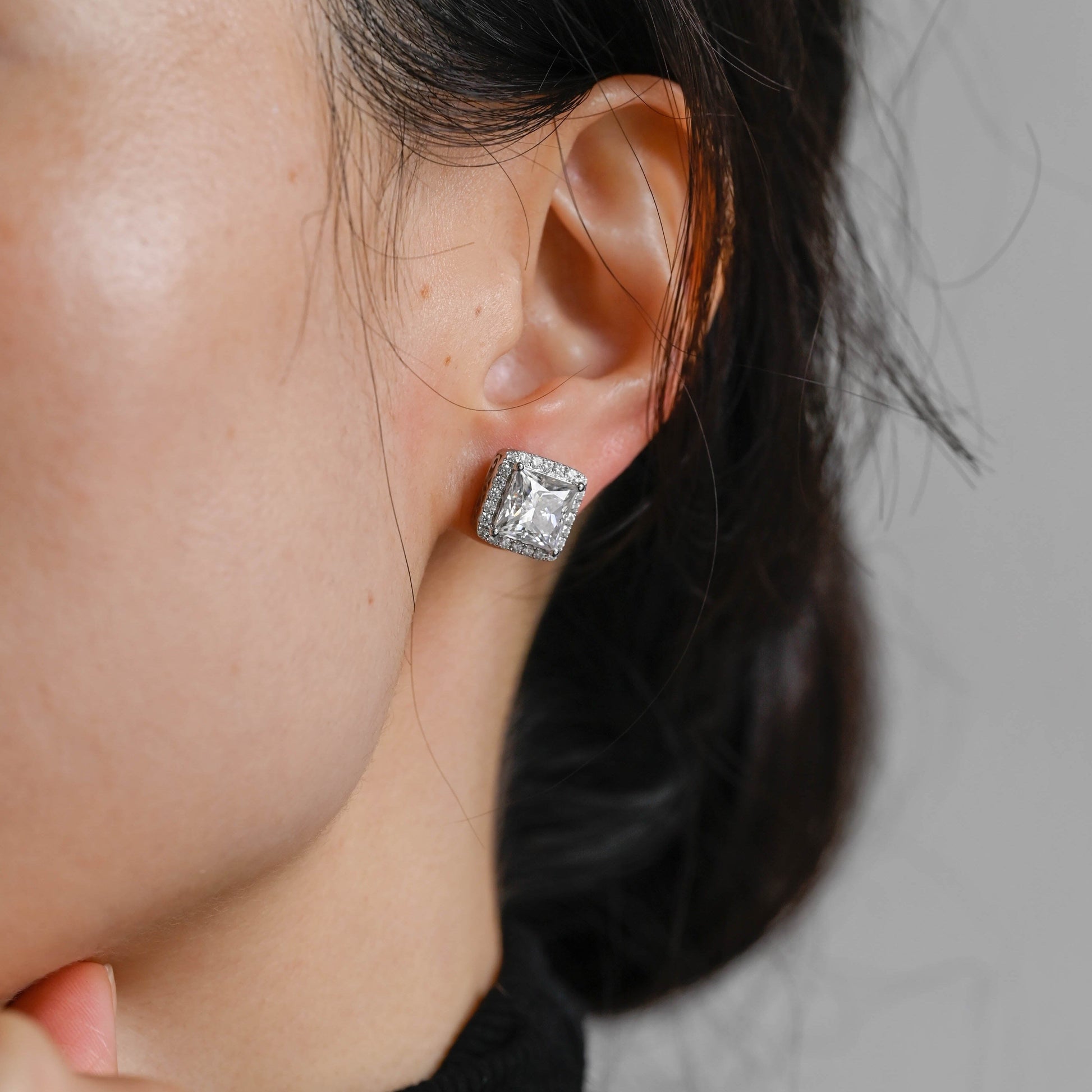 SquareJewelry earrings Solid Gold Filigree Style Earrings, Halo Princess Cut Moissanite Earrings Studs