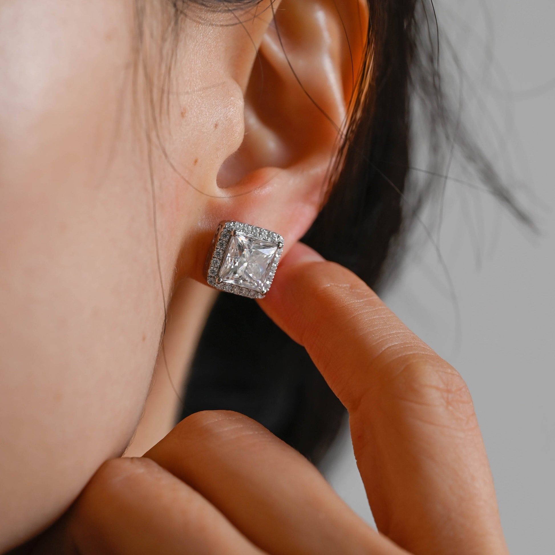 SquareJewelry earrings Solid Gold Filigree Style Earrings, Halo Princess Cut Moissanite Earrings Studs