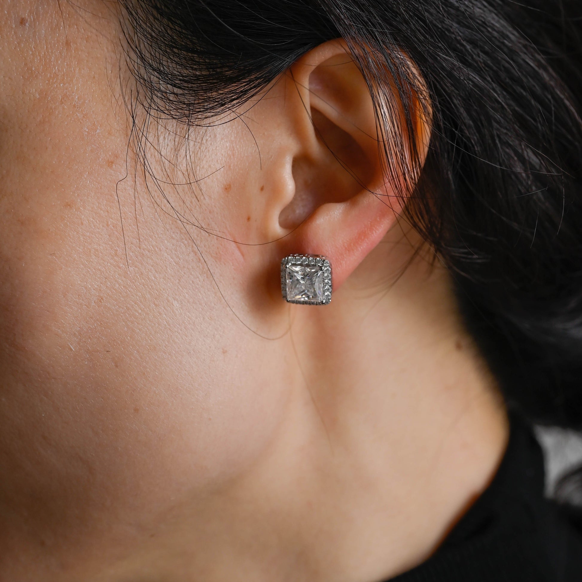 SquareJewelry earrings Solid Gold Filigree Style Earrings, Halo Princess Cut Moissanite Earrings Studs