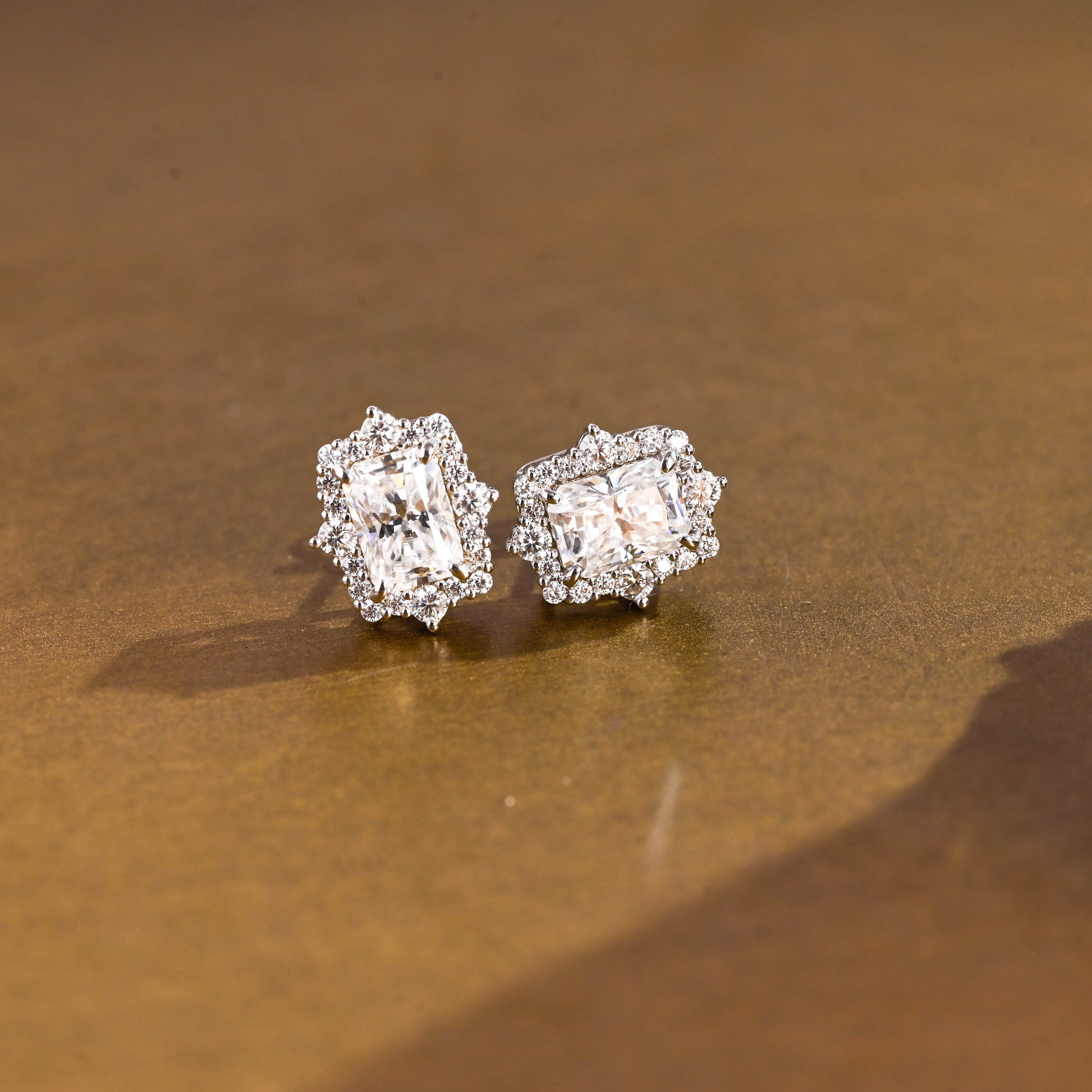 SquareJewelry earrings Solid Gold Halo Radiant Moissanite Earrings Studs