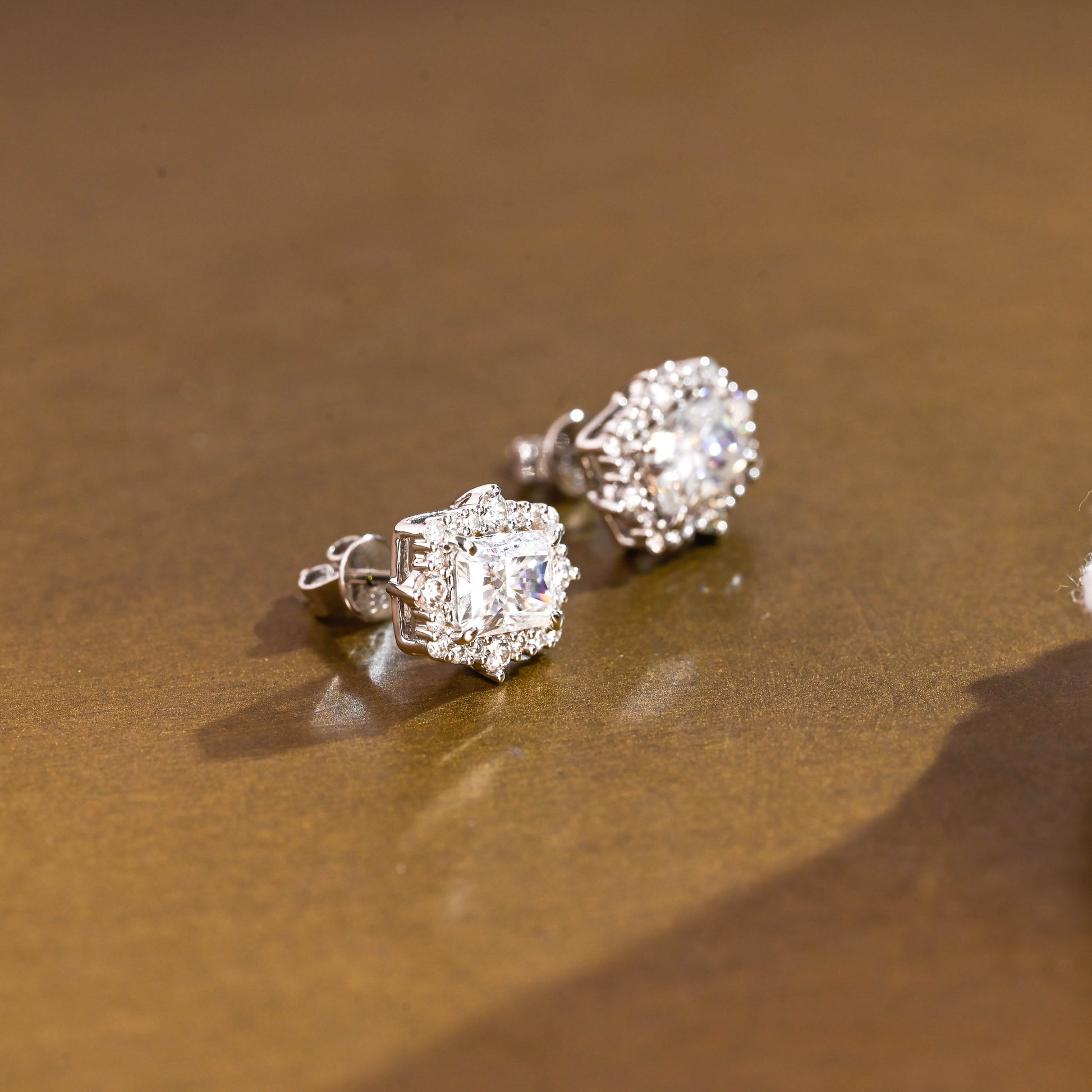 SquareJewelry earrings Solid Gold Halo Radiant Moissanite Earrings Studs
