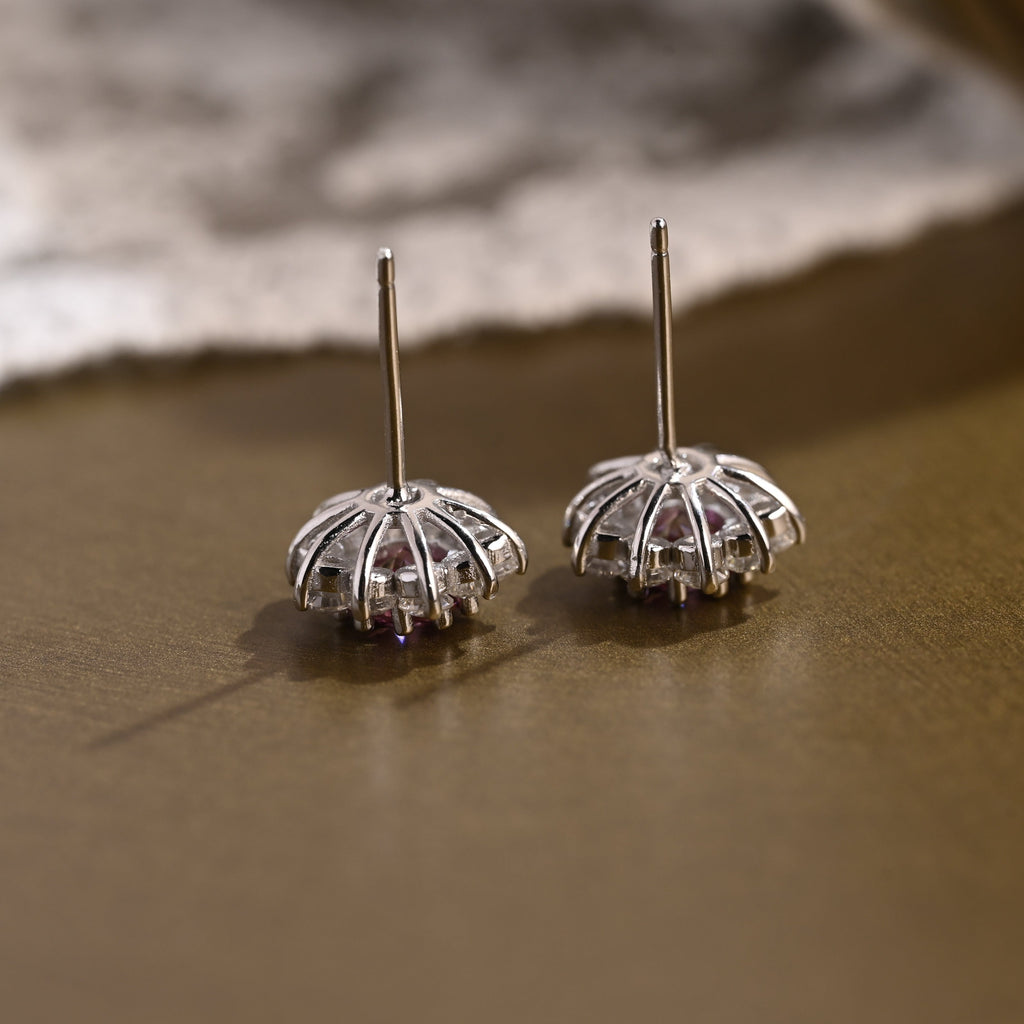 SquareJewelry earrings Sunflower Halo Purple Lab Grown Sapphire Earrings Studs