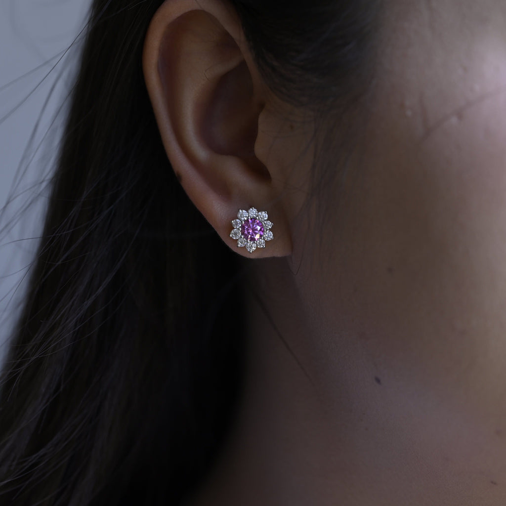 SquareJewelry earrings Sunflower Halo Purple Lab Grown Sapphire Earrings Studs