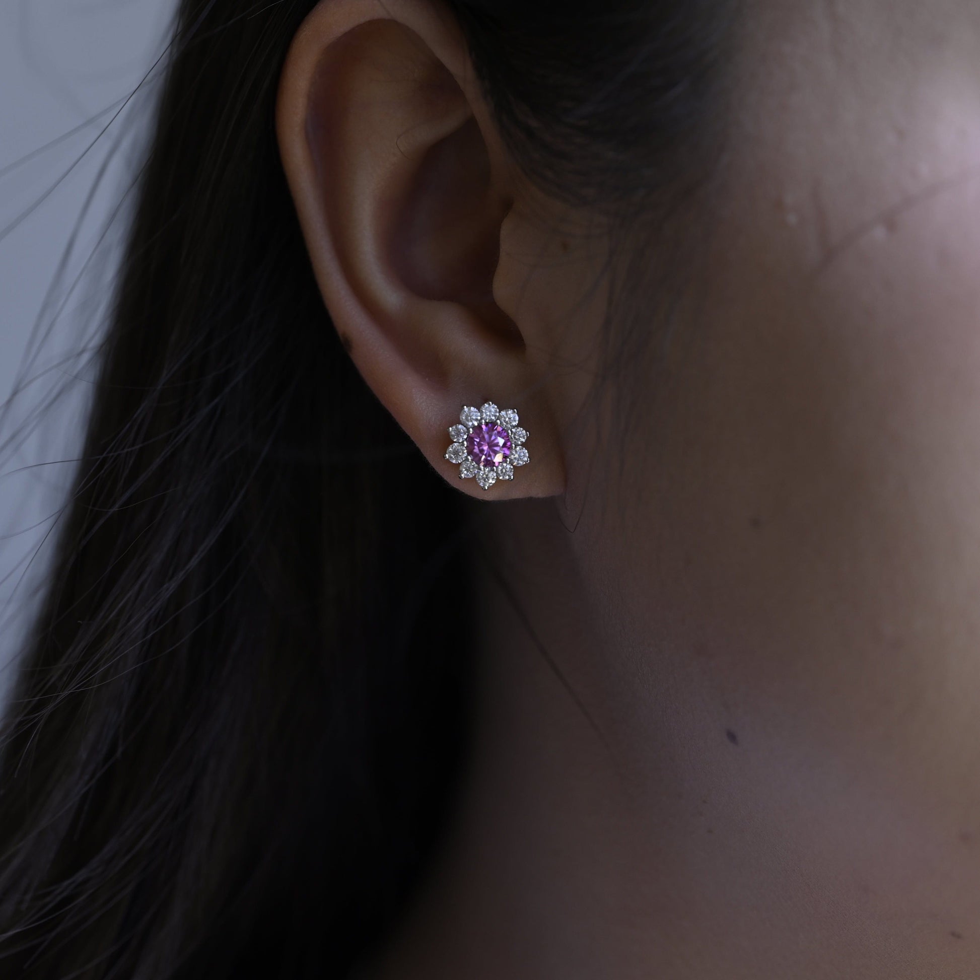 SquareJewelry earrings Sunflower Halo Purple Lab Grown Sapphire Earrings Studs