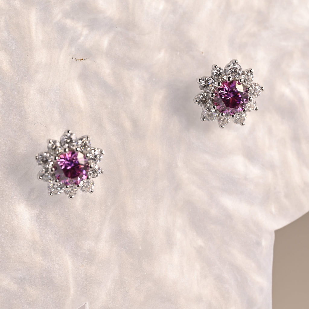 SquareJewelry earrings Sunflower Halo Purple Lab Grown Sapphire Earrings Studs