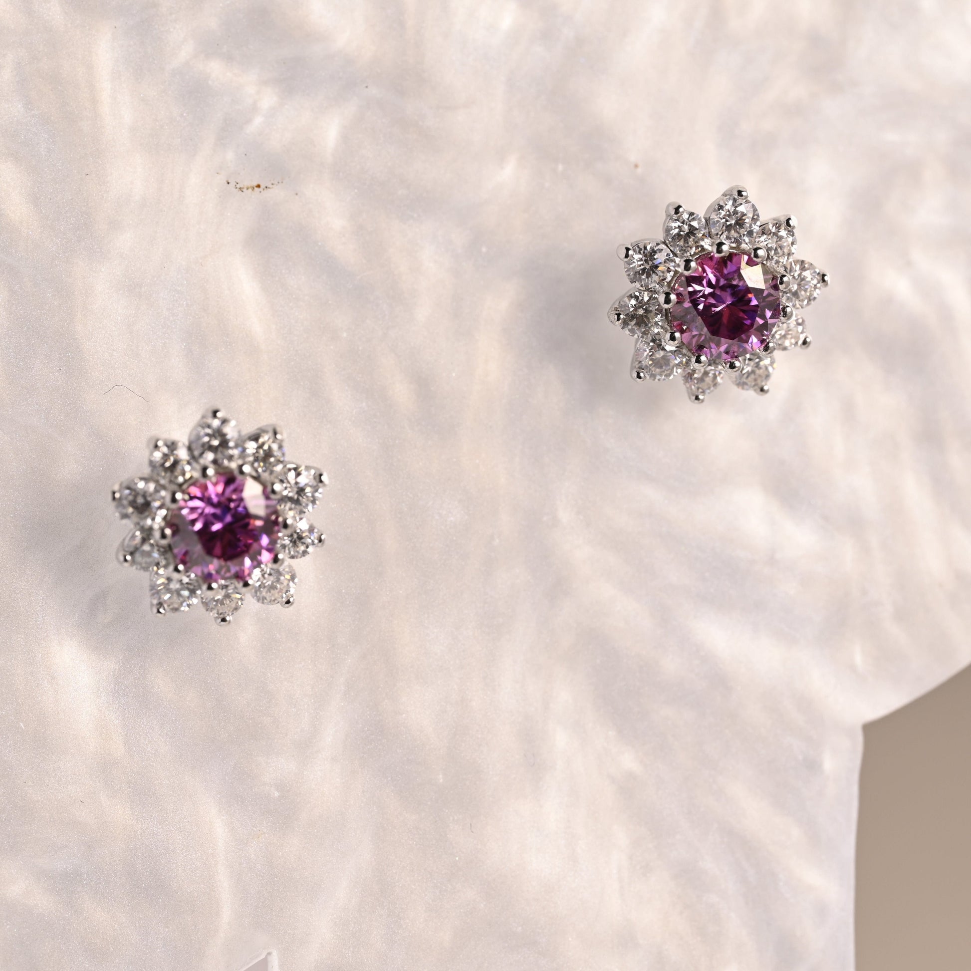 SquareJewelry earrings Sunflower Halo Purple Lab Grown Sapphire Earrings Studs