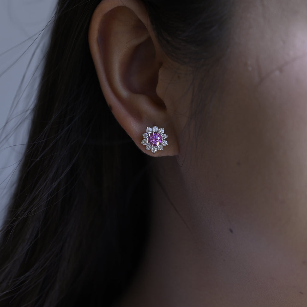 SquareJewelry earrings Sunflower Halo Purple Lab Grown Sapphire Earrings Studs