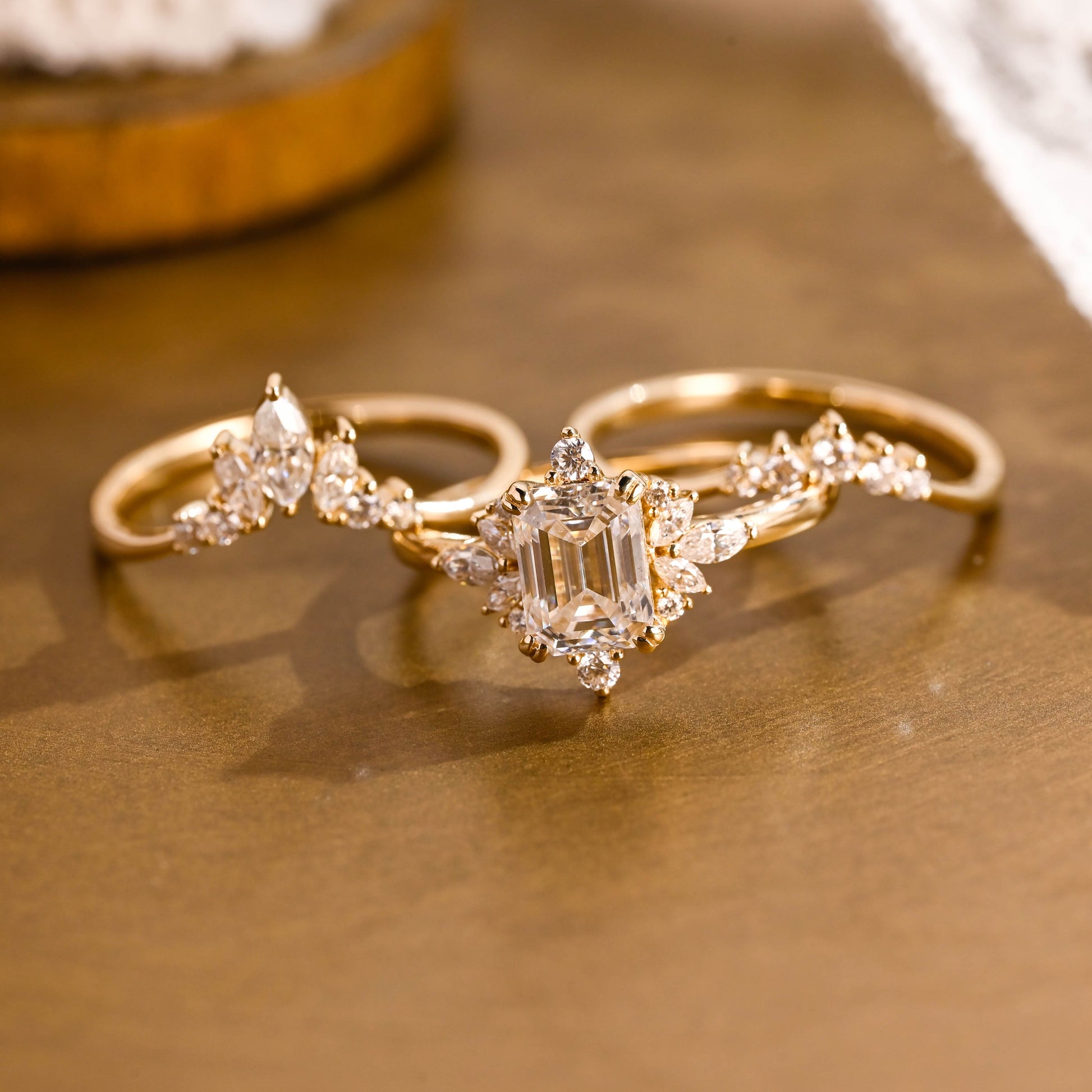SquareJewelry emerald cut bridal set Solid Gold Emerald Cut Moissanite Trio Wedding Ring Set