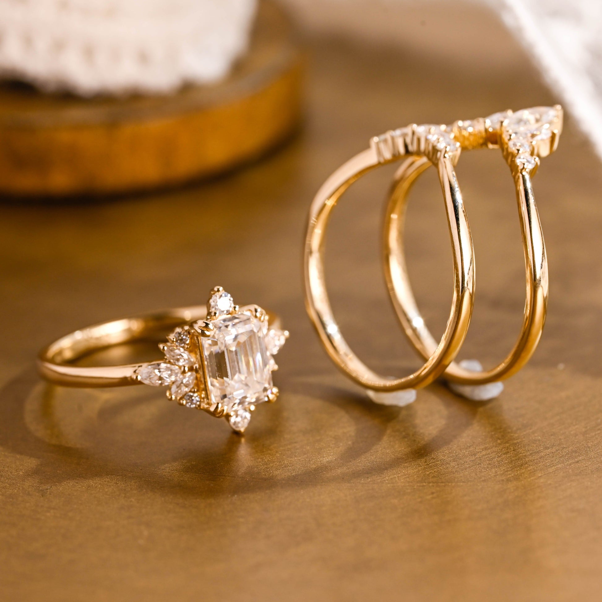 SquareJewelry emerald cut bridal set Solid Gold Emerald Cut Moissanite Trio Wedding Ring Set