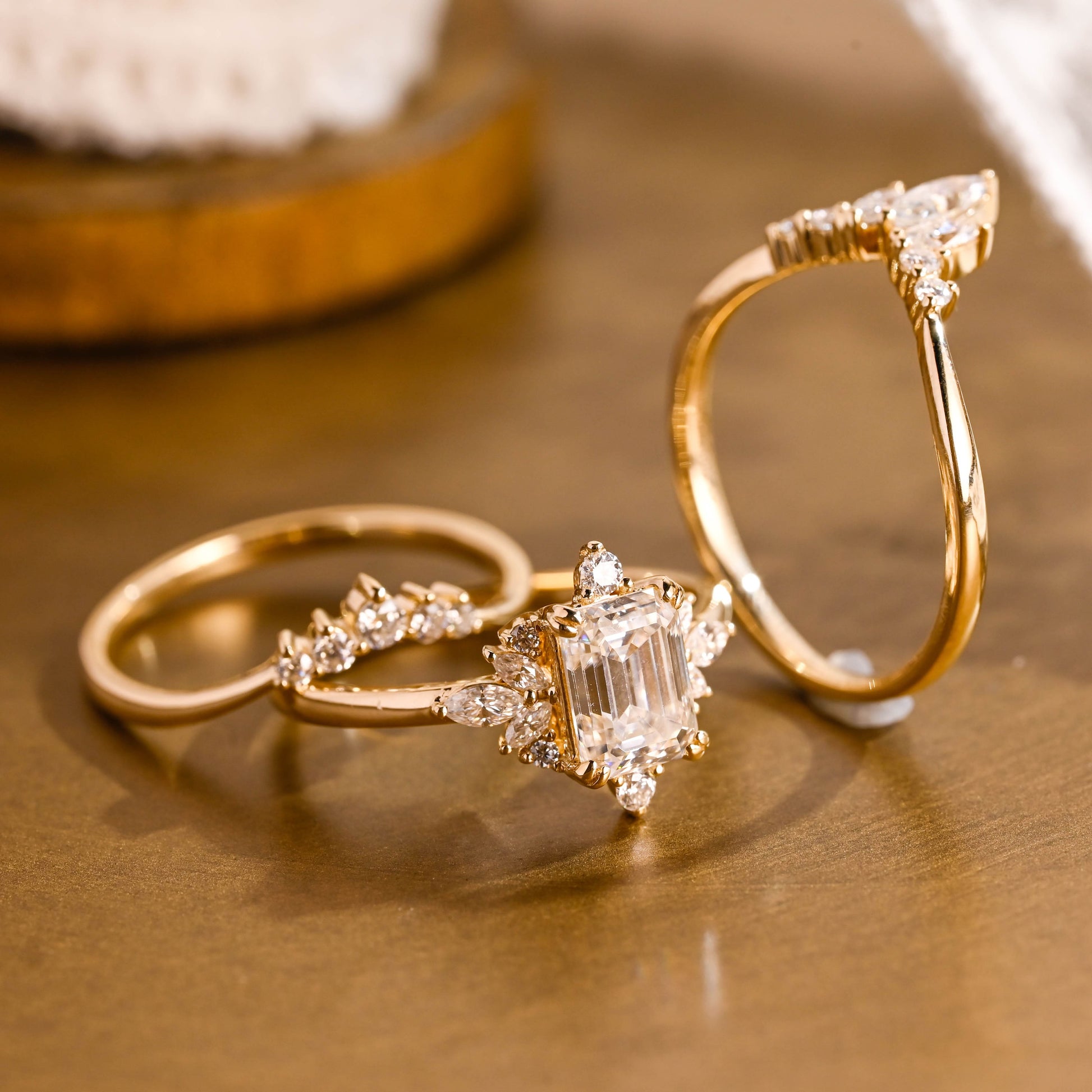 SquareJewelry emerald cut bridal set Solid Gold Emerald Cut Moissanite Trio Wedding Ring Set
