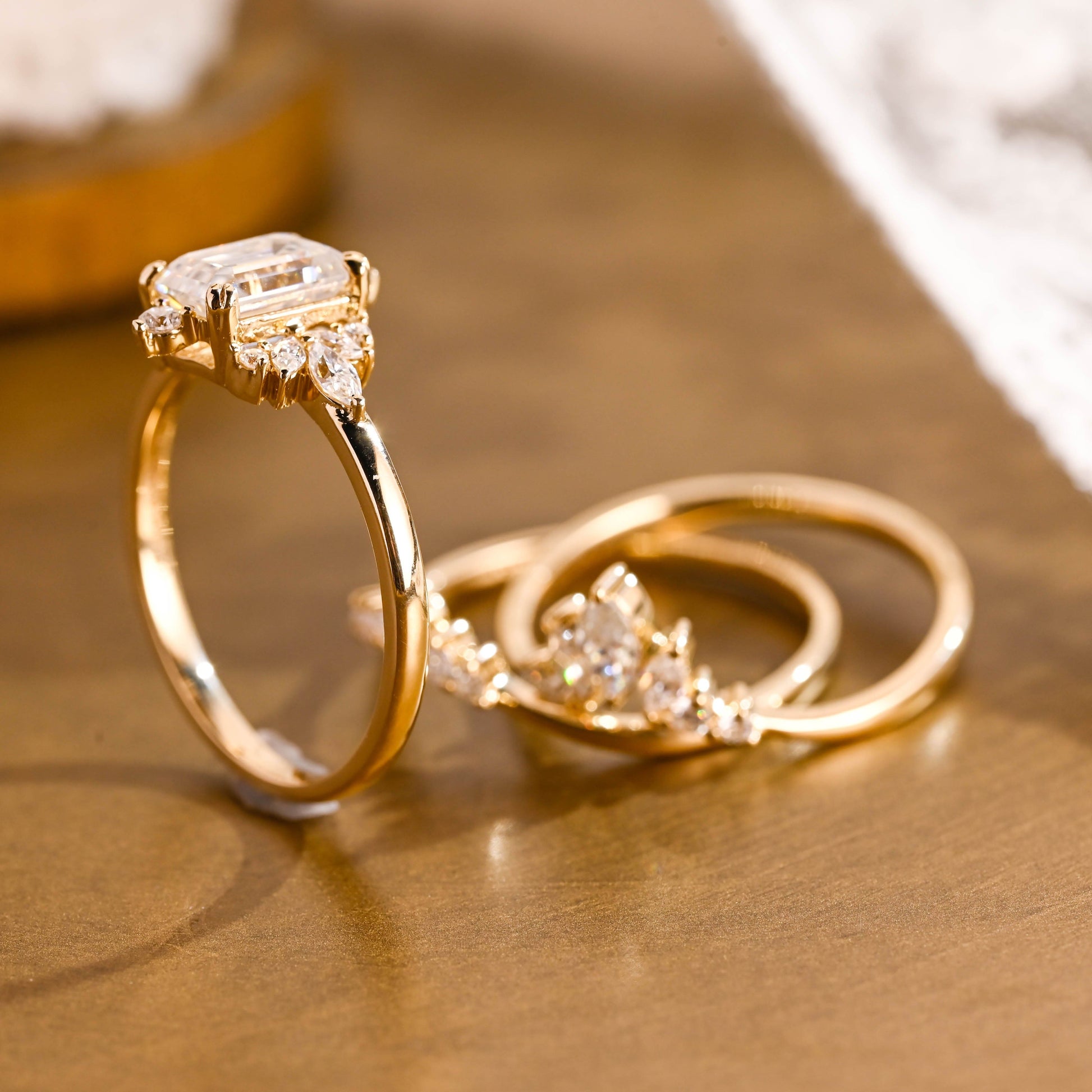 SquareJewelry emerald cut bridal set Solid Gold Emerald Cut Moissanite Trio Wedding Ring Set