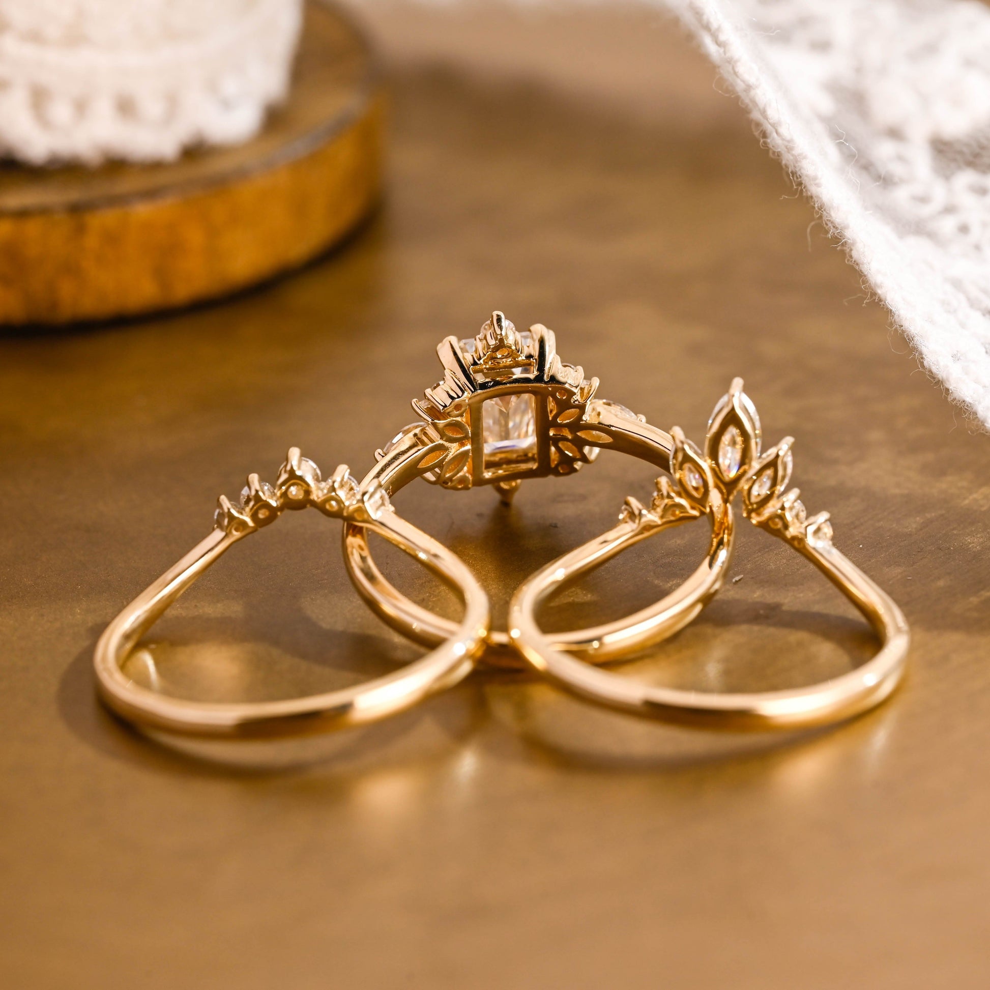 SquareJewelry emerald cut bridal set Solid Gold Emerald Cut Moissanite Trio Wedding Ring Set