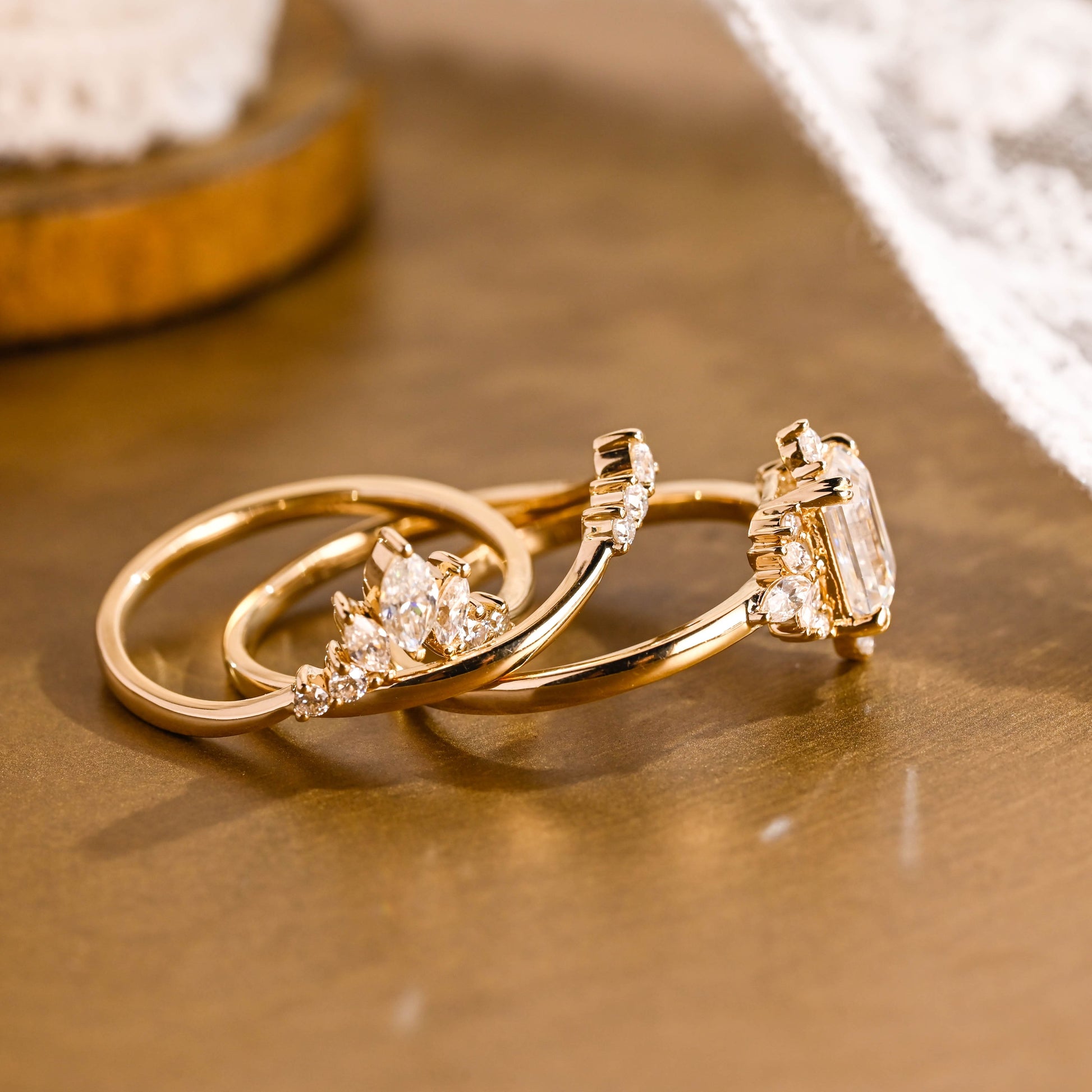 SquareJewelry emerald cut bridal set Solid Gold Emerald Cut Moissanite Trio Wedding Ring Set