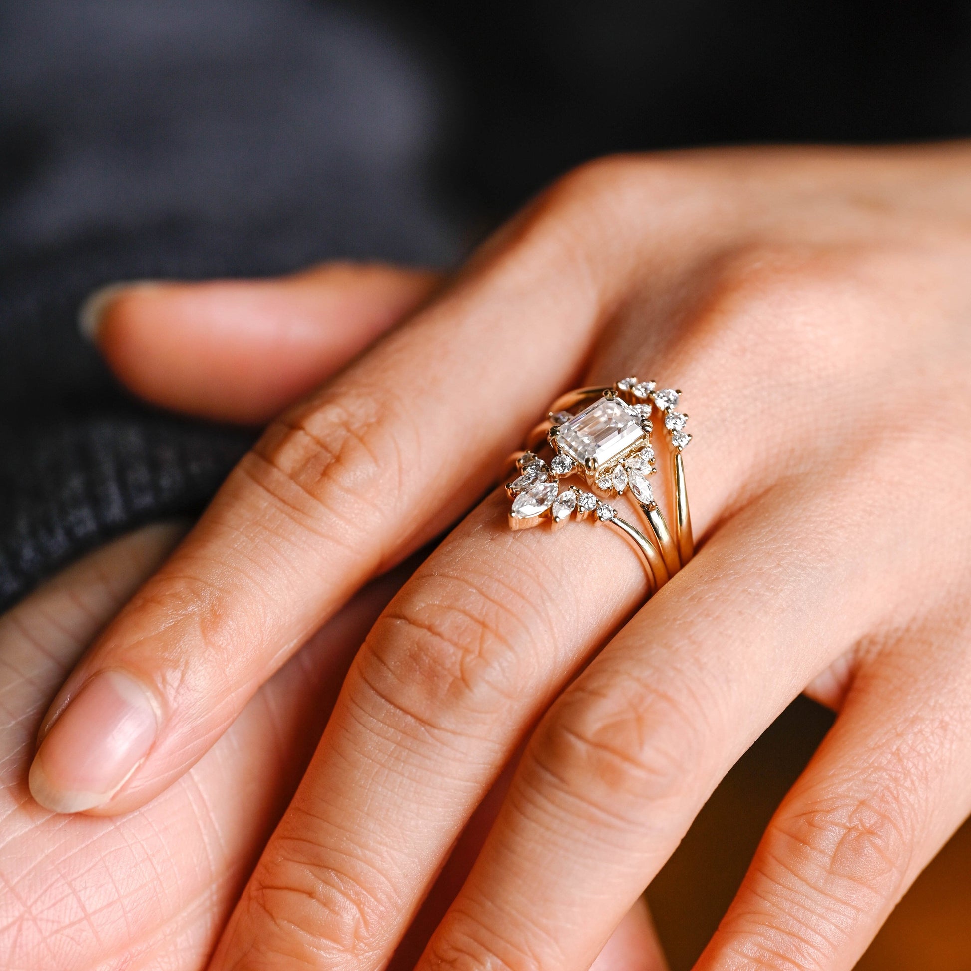 SquareJewelry emerald cut bridal set Solid Gold Emerald Cut Moissanite Trio Wedding Ring Set