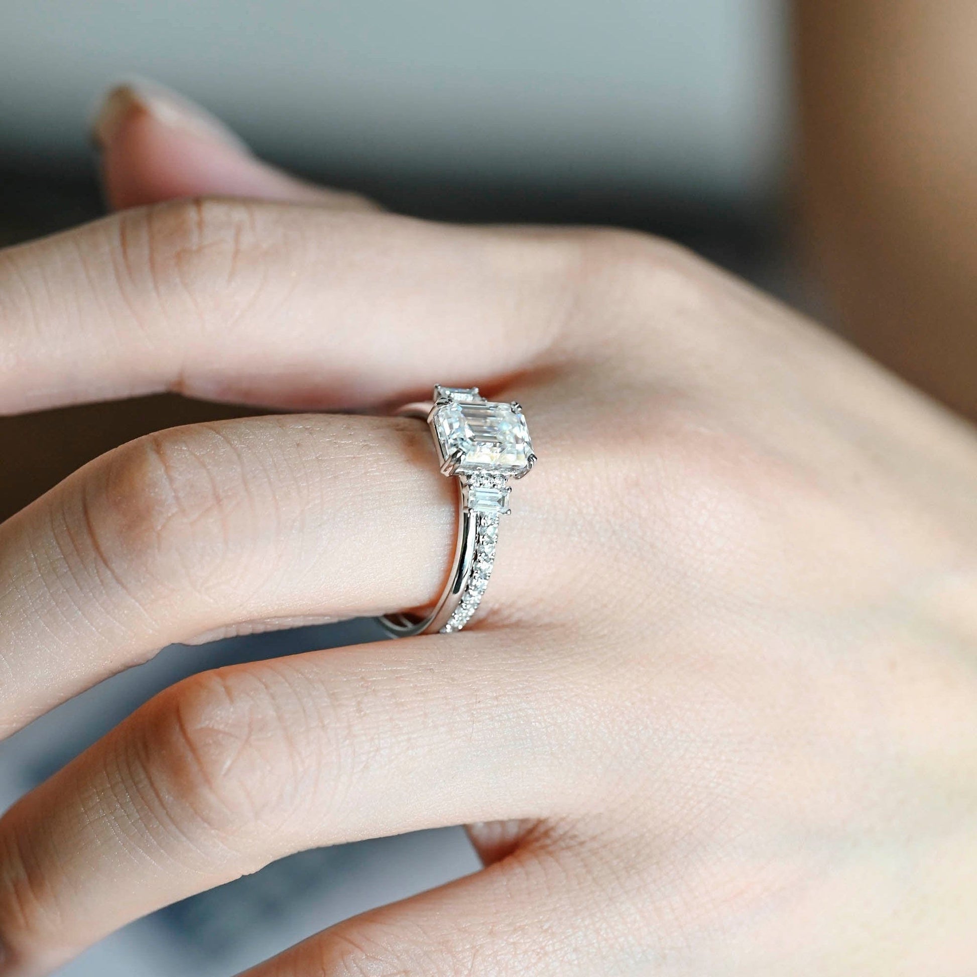 SquareJewelry emerald cut bridal set Solid Gold Emerald Cut Three Stone Moissainte Wedding Ring Set with Full Eternity Band