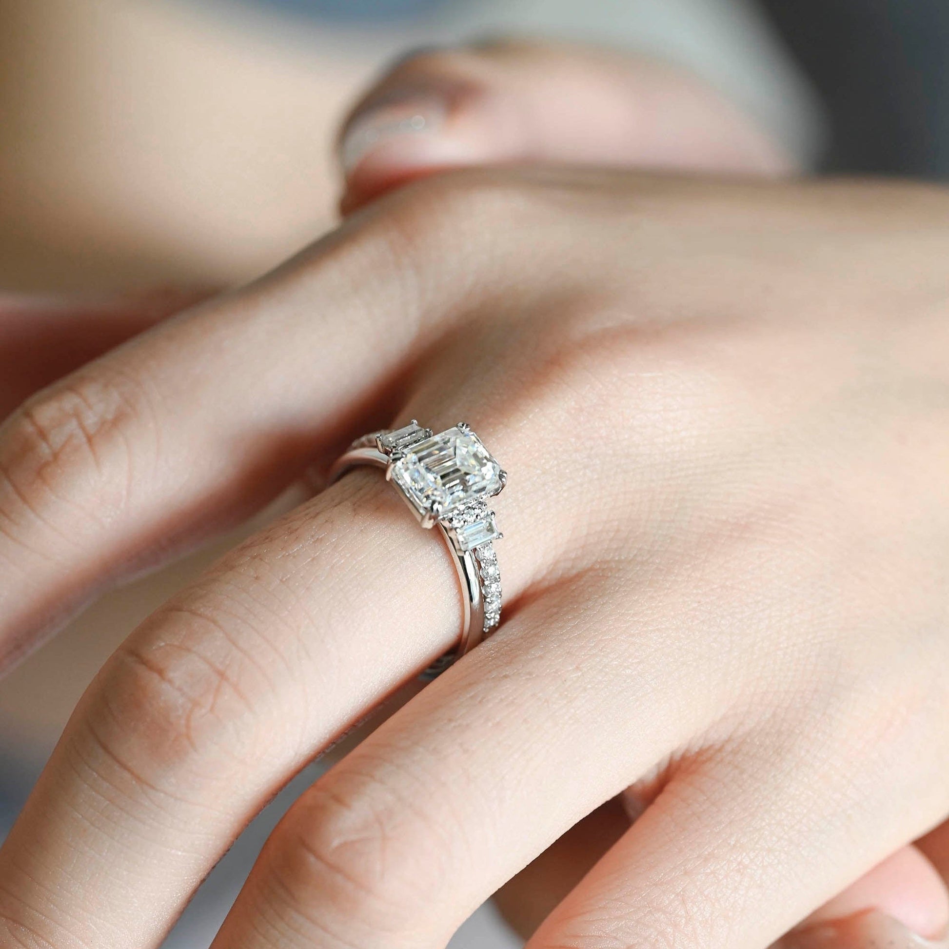 SquareJewelry emerald cut bridal set Solid Gold Emerald Cut Three Stone Moissainte Wedding Ring Set with Full Eternity Band