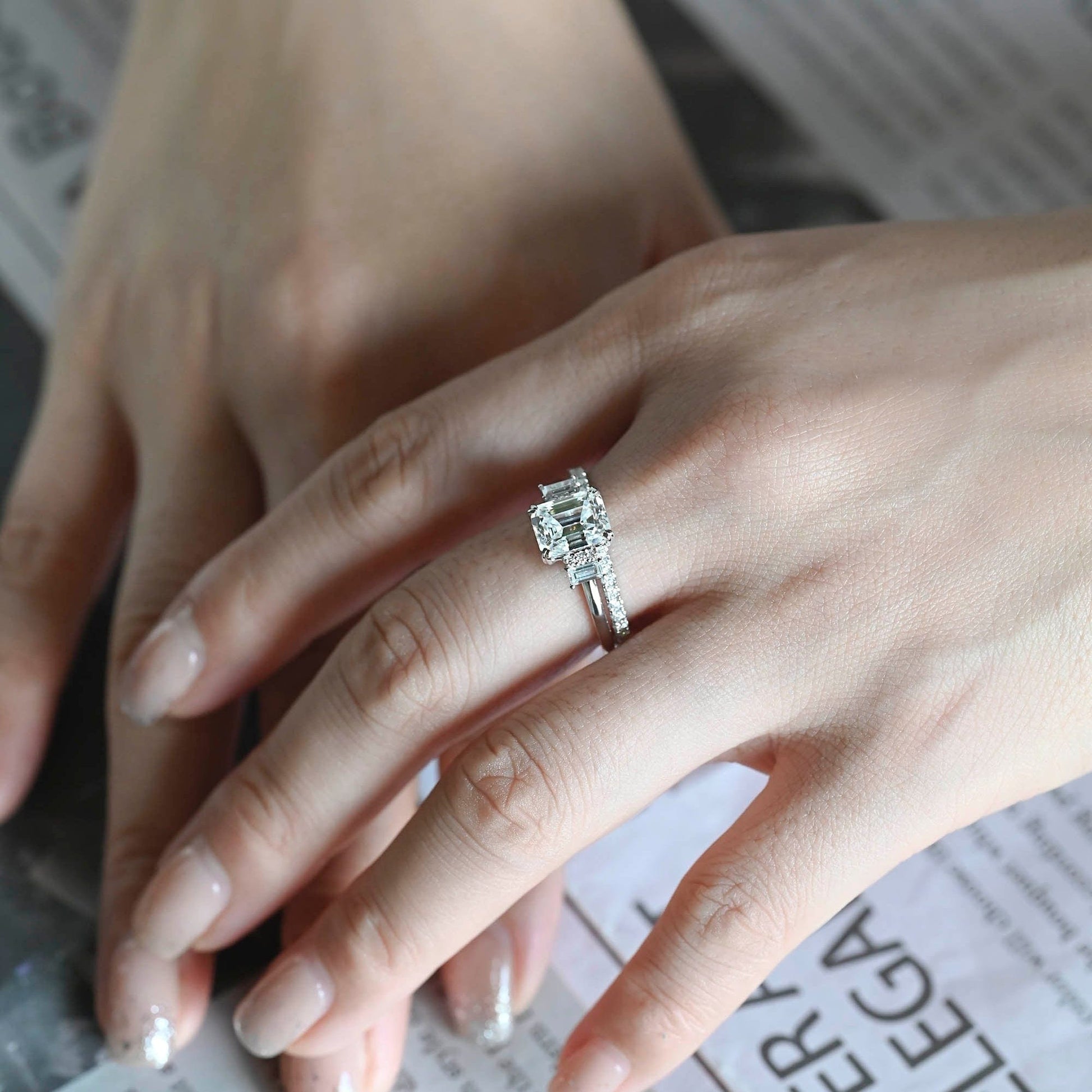 SquareJewelry emerald cut bridal set Solid Gold Emerald Cut Three Stone Moissainte Wedding Ring Set with Full Eternity Band