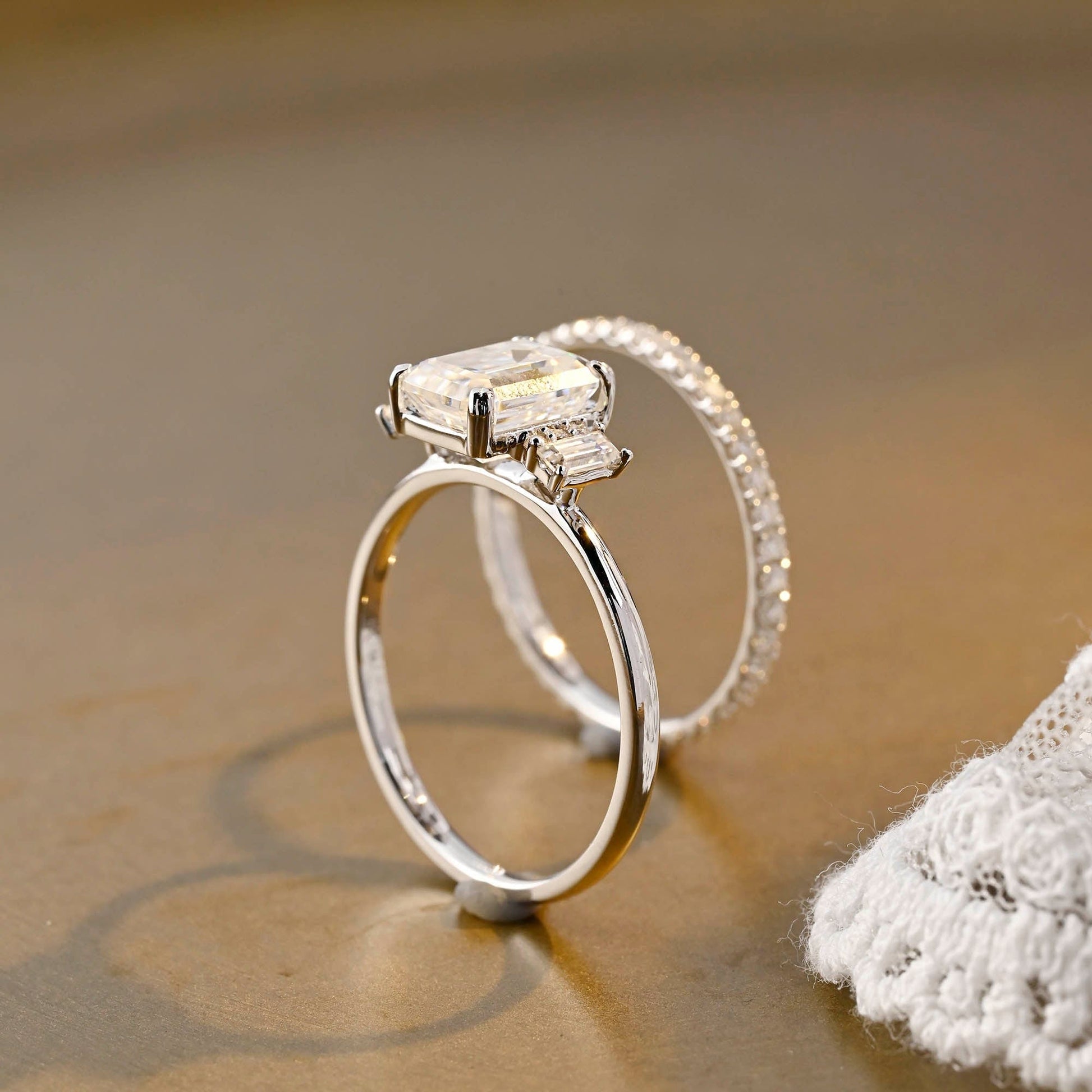 SquareJewelry emerald cut bridal set Solid Gold Emerald Cut Three Stone Moissainte Wedding Ring Set with Full Eternity Band