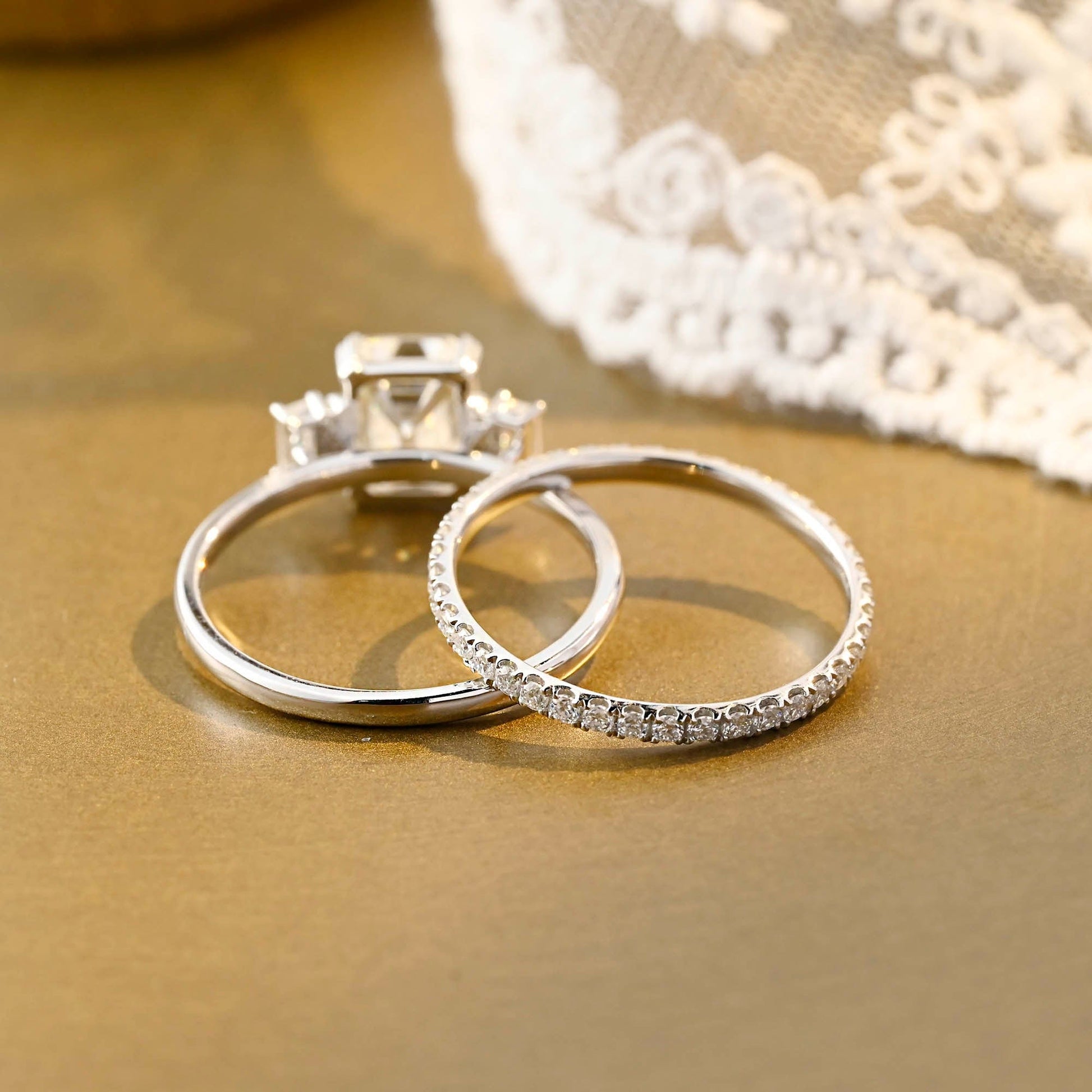SquareJewelry emerald cut bridal set Solid Gold Emerald Cut Three Stone Moissainte Wedding Ring Set with Full Eternity Band