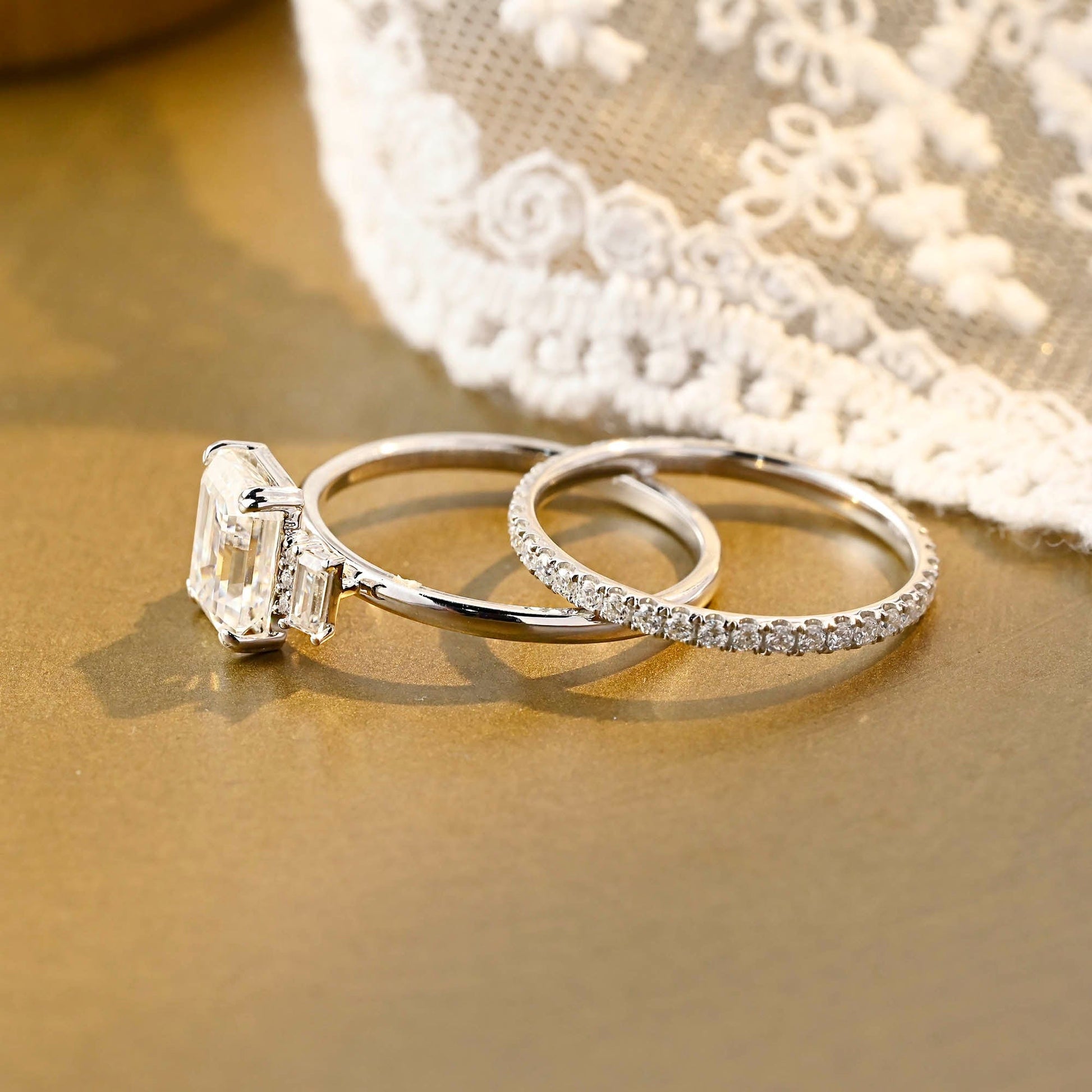 SquareJewelry emerald cut bridal set Solid Gold Emerald Cut Three Stone Moissainte Wedding Ring Set with Full Eternity Band