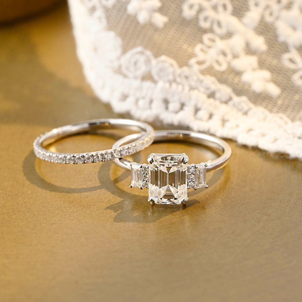 SquareJewelry emerald cut bridal set Solid Gold Emerald Cut Three Stone Moissainte Wedding Ring Set with Full Eternity Band