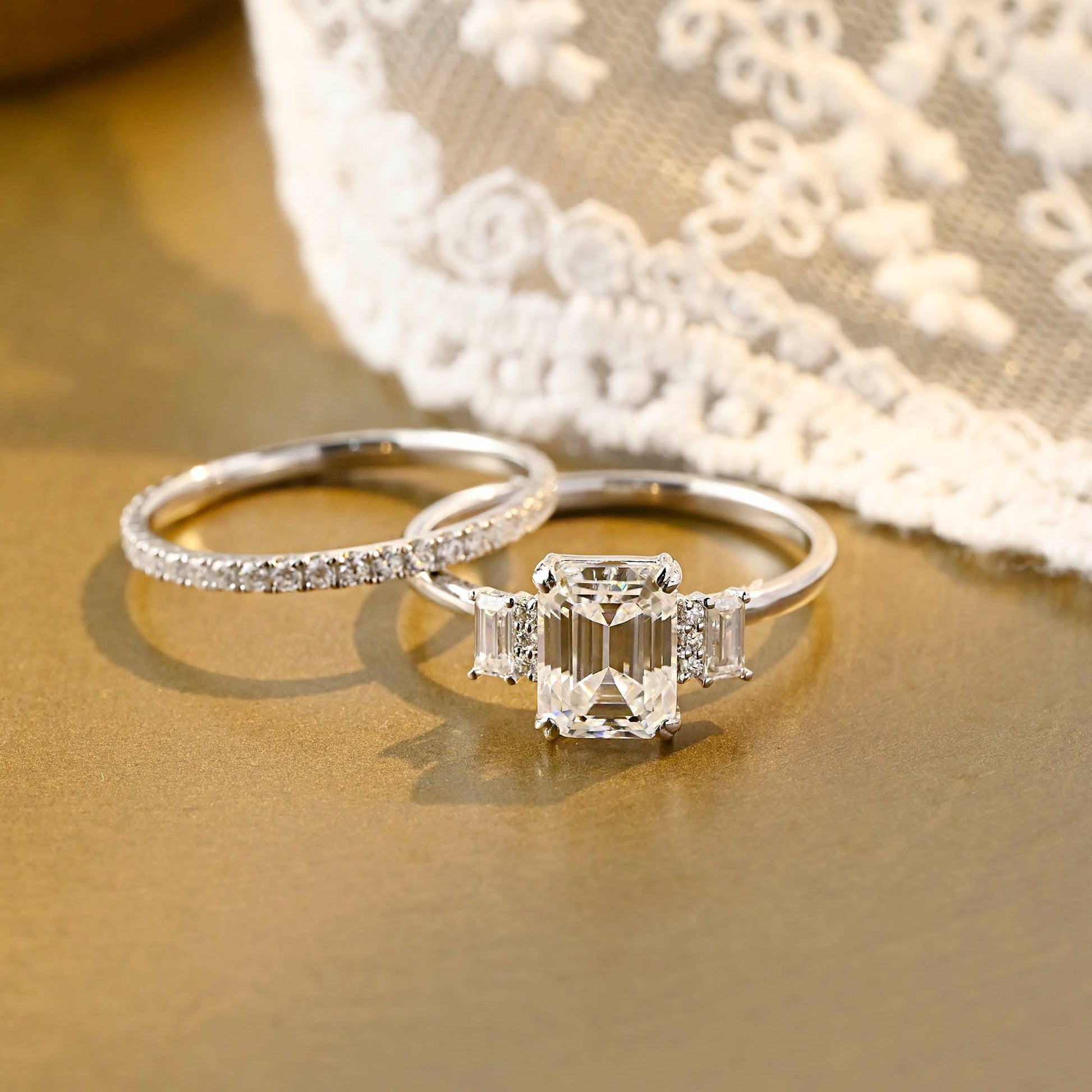 SquareJewelry emerald cut bridal set Solid Gold Emerald Cut Three Stone Moissainte Wedding Ring Set with Full Eternity Band