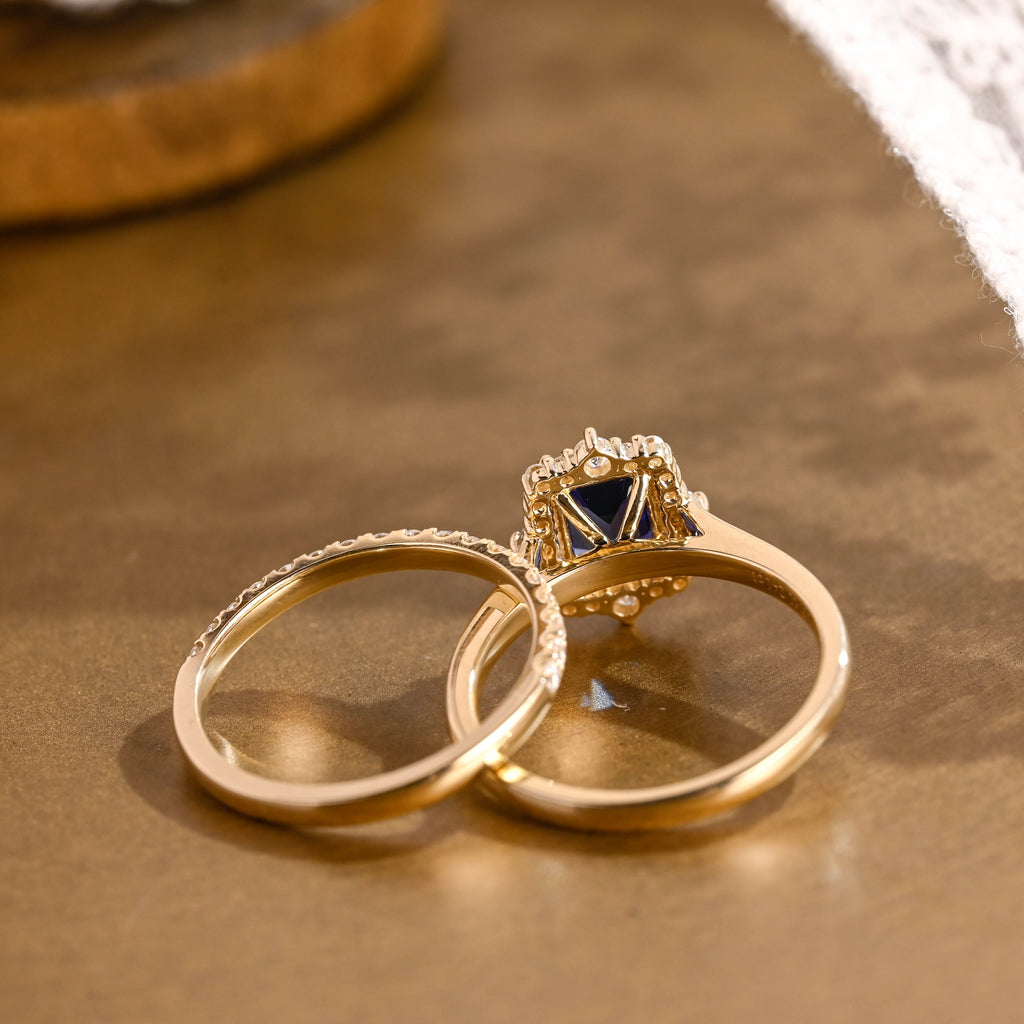 SquareJewelry emerald cut bridal set Solid Gold Halo Emerald Cut Blue Lab Grown Sapphire Ring Set