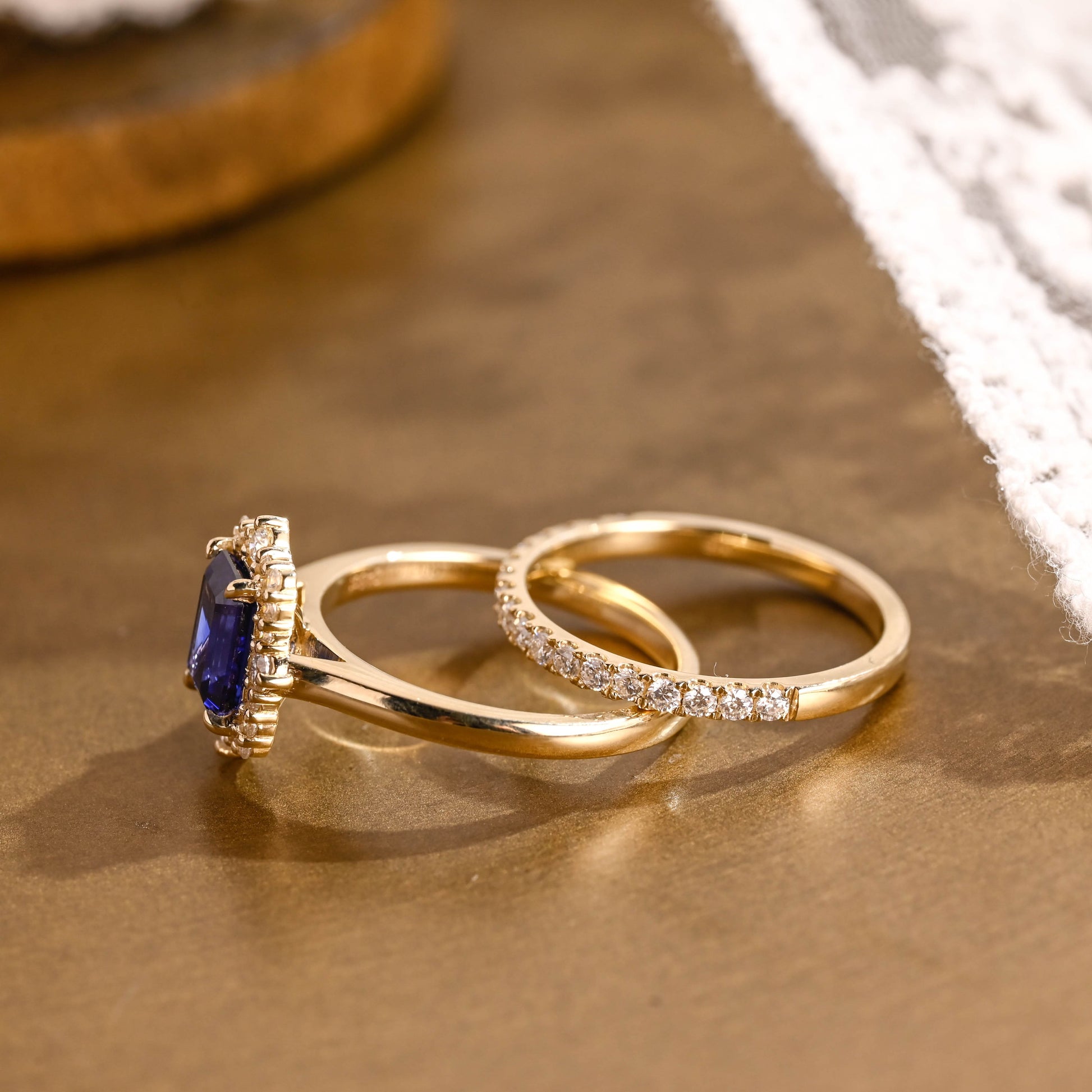 SquareJewelry emerald cut bridal set Solid Gold Halo Emerald Cut Blue Lab Grown Sapphire Ring Set