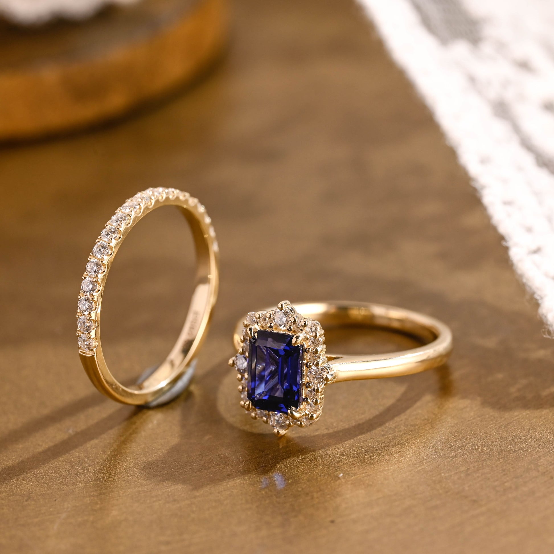 SquareJewelry emerald cut bridal set Solid Gold Halo Emerald Cut Blue Lab Grown Sapphire Ring Set