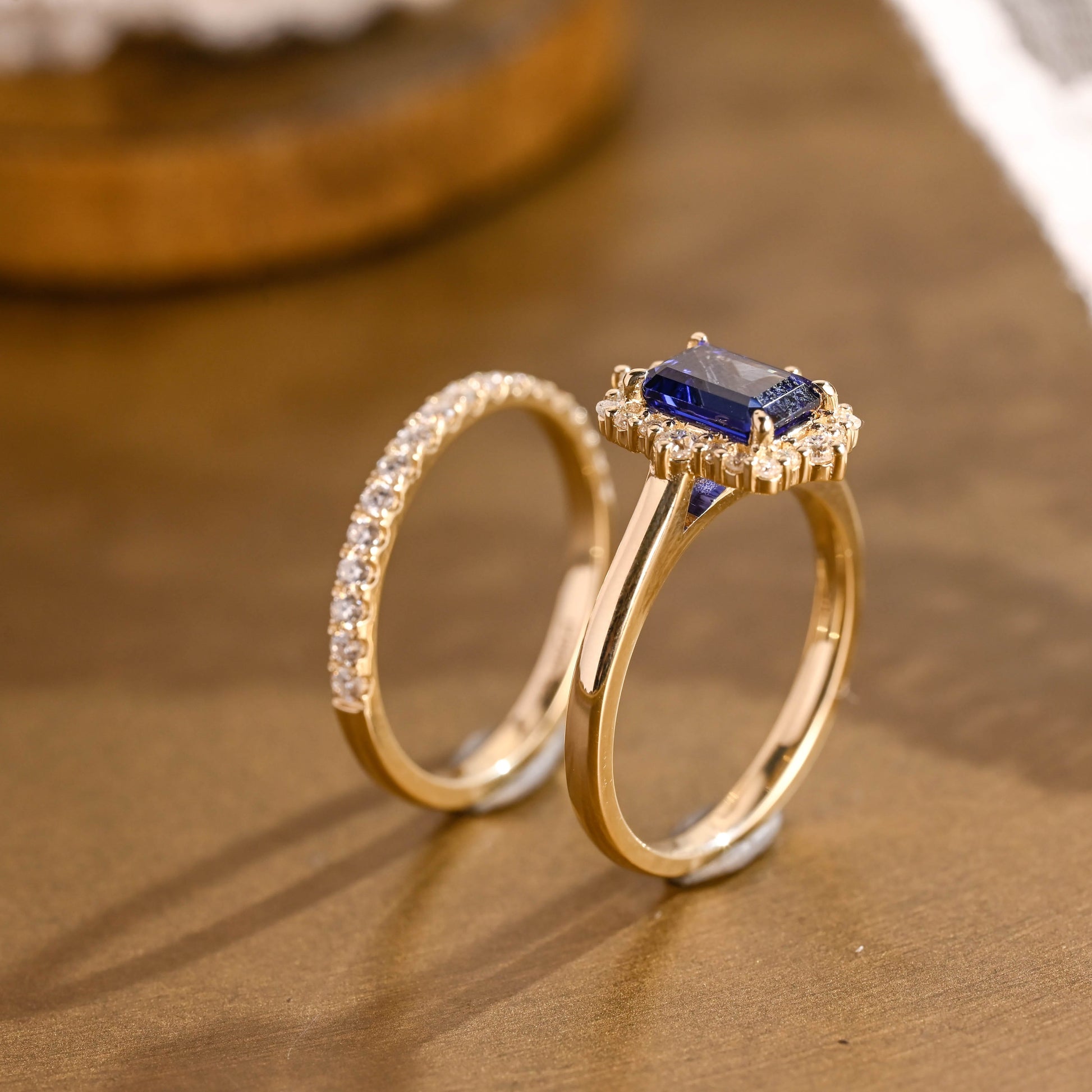 SquareJewelry emerald cut bridal set Solid Gold Halo Emerald Cut Blue Lab Grown Sapphire Ring Set