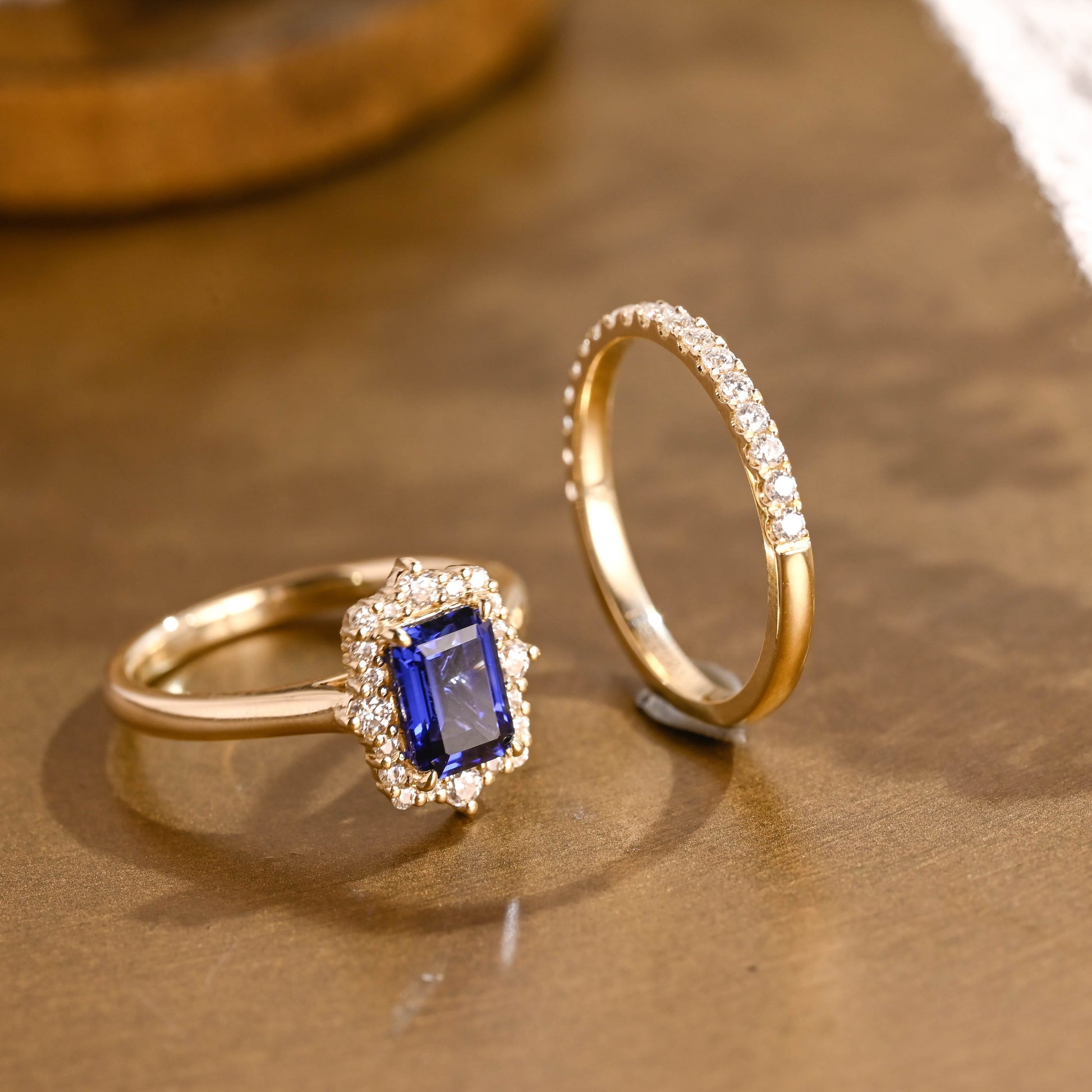 SquareJewelry emerald cut bridal set Solid Gold Halo Emerald Cut Blue Lab Grown Sapphire Ring Set