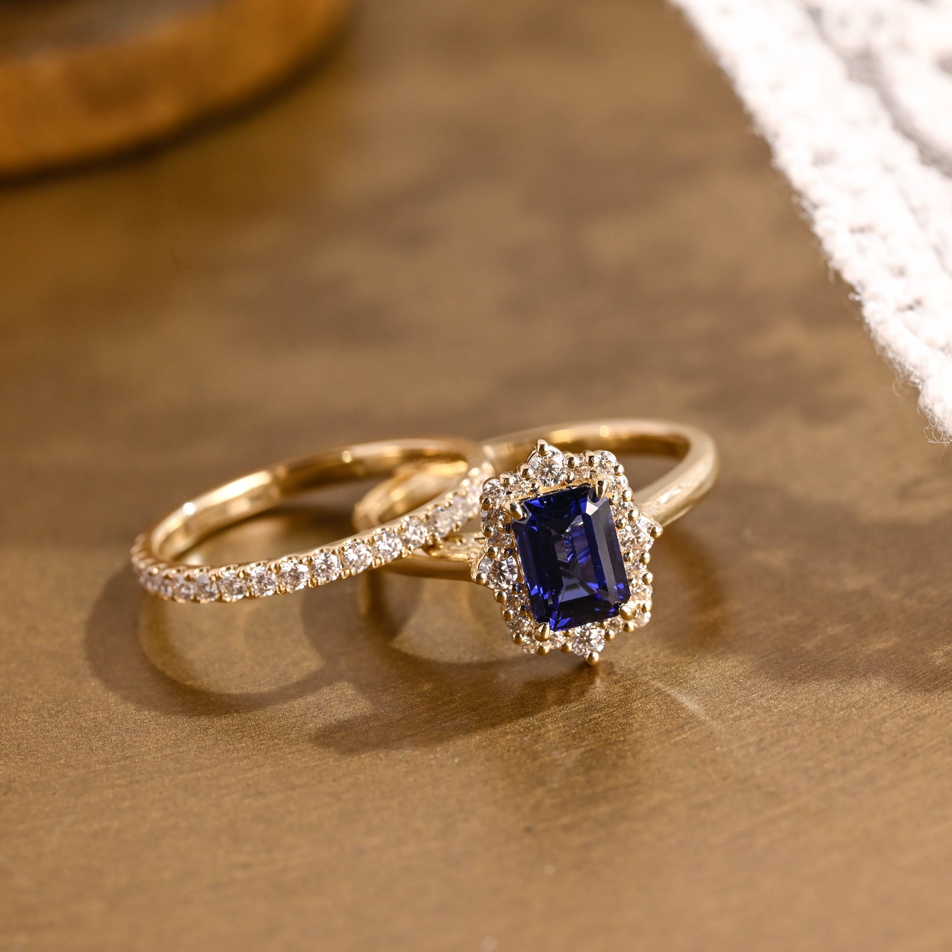 SquareJewelry emerald cut bridal set Solid Gold Halo Emerald Cut Blue Lab Grown Sapphire Ring Set