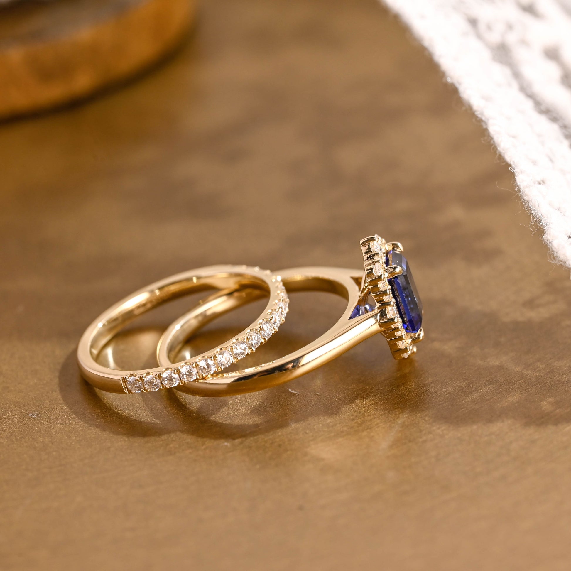 SquareJewelry emerald cut bridal set Solid Gold Halo Emerald Cut Blue Lab Grown Sapphire Ring Set