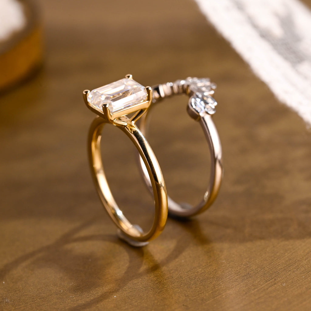 SquareJewelry emerald cut bridal set Solid Gold Solitaire Emerald Cut Moissanite Wedding Ring Set