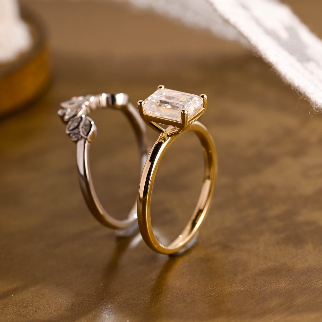 SquareJewelry emerald cut bridal set Solid Gold Solitaire Emerald Cut Moissanite Wedding Ring Set