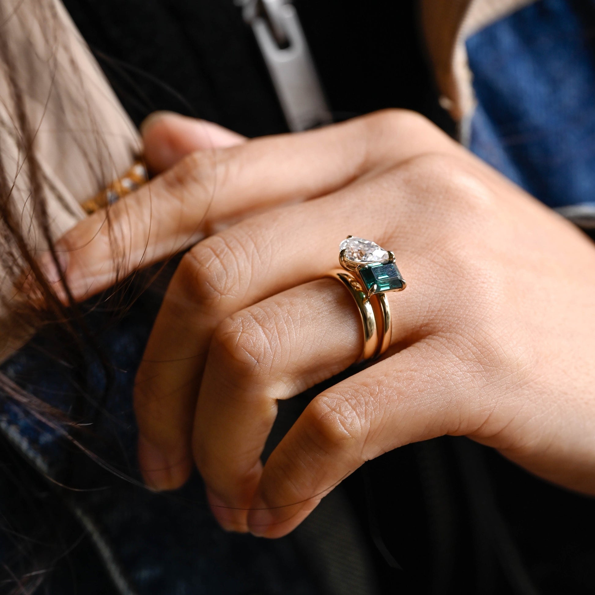 SquareJewelry emerald cut bridal set Toi et Moi Lab Grown Emerald & Pear Moissanite Wedding Ring Set