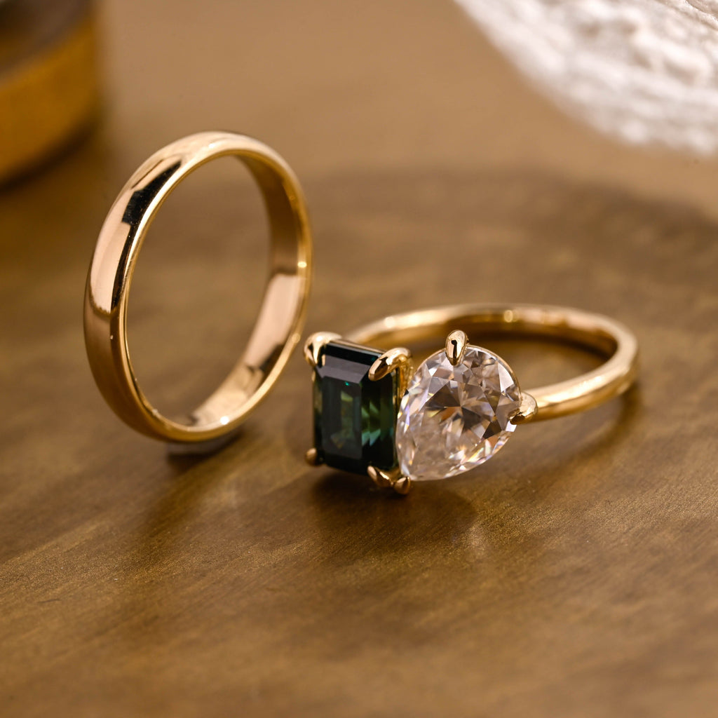 SquareJewelry emerald cut bridal set Toi et Moi Lab Grown Emerald & Pear Moissanite Wedding Ring Set