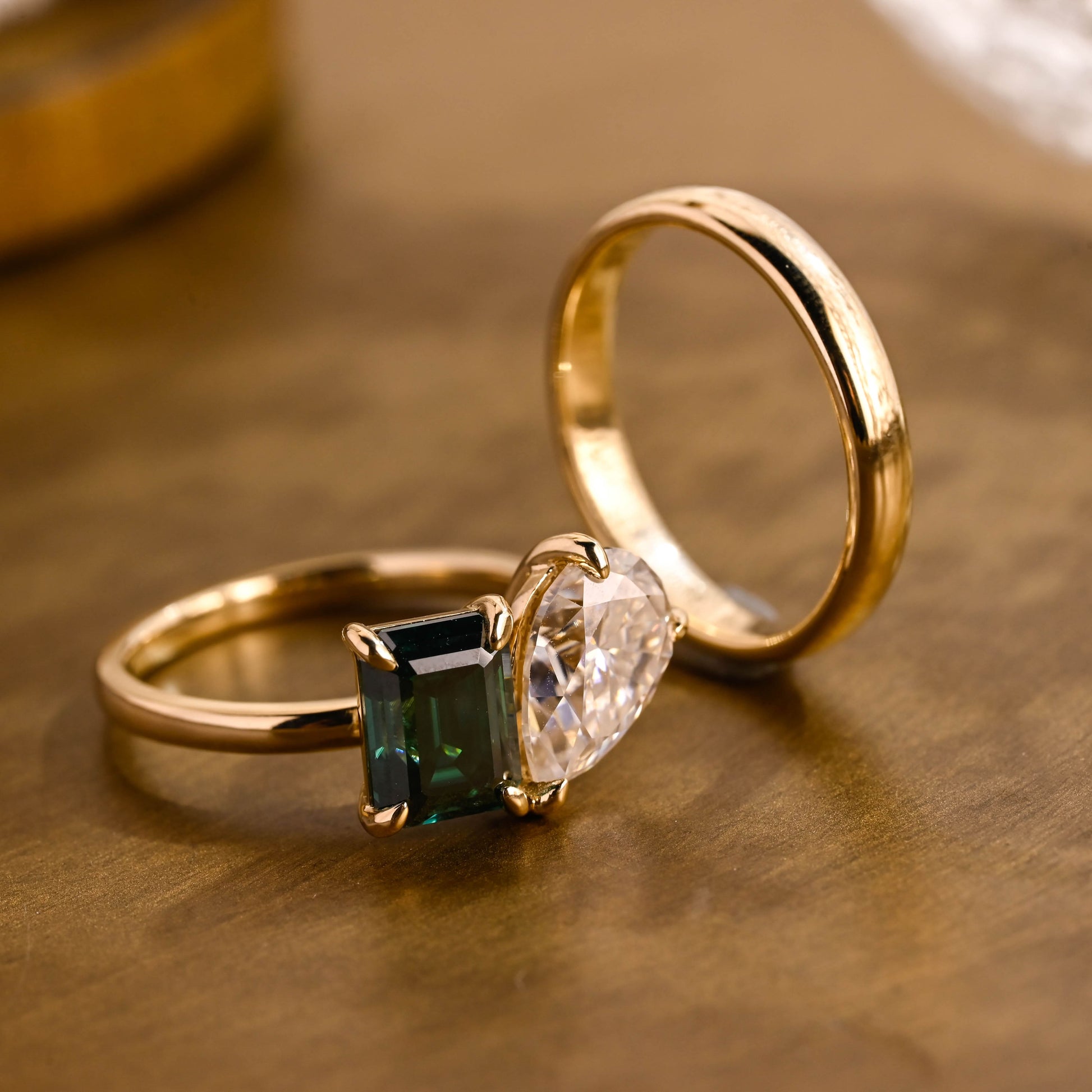 SquareJewelry emerald cut bridal set Toi et Moi Lab Grown Emerald & Pear Moissanite Wedding Ring Set